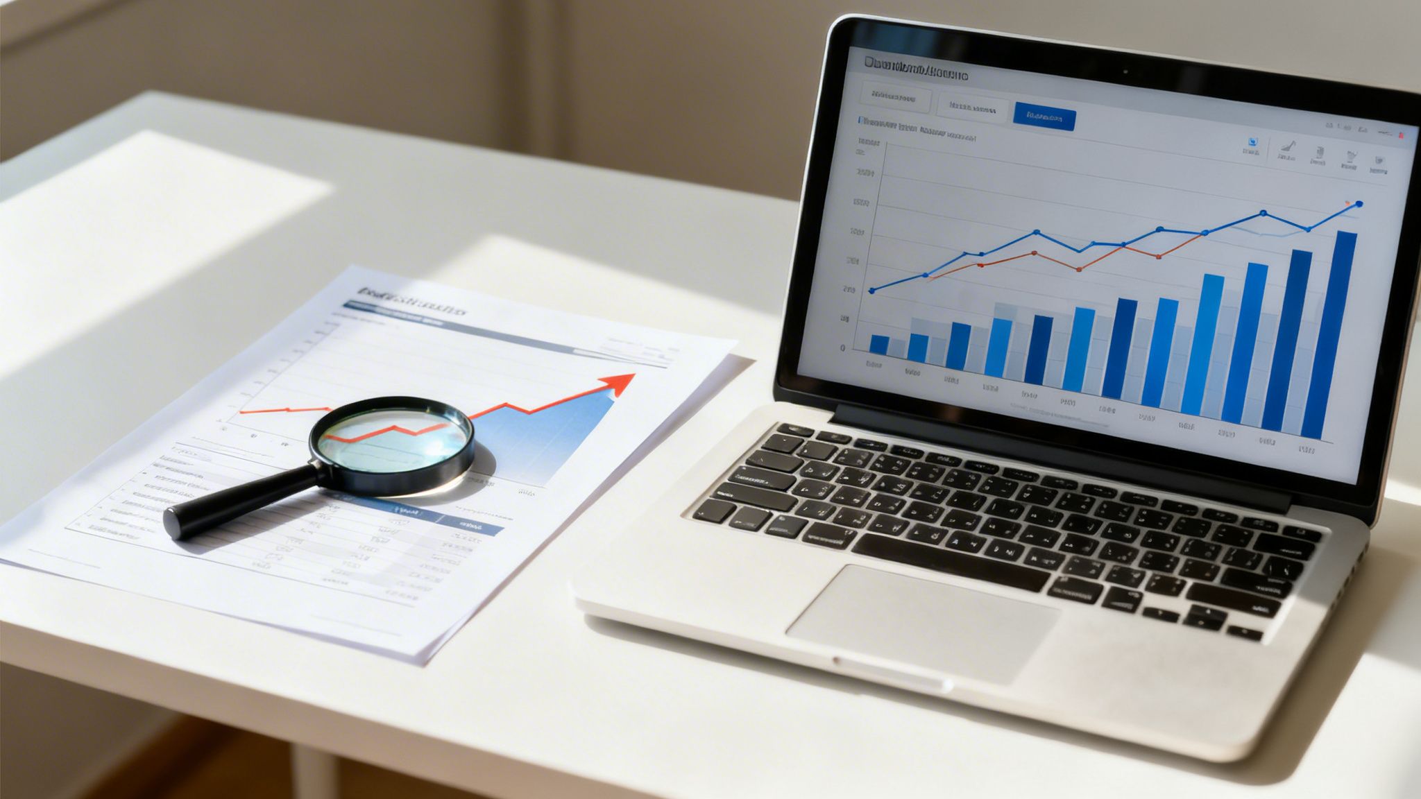 Laptop displaying financial graphs, document with charts, and magnifying glass on a white desk, representing business analysis.