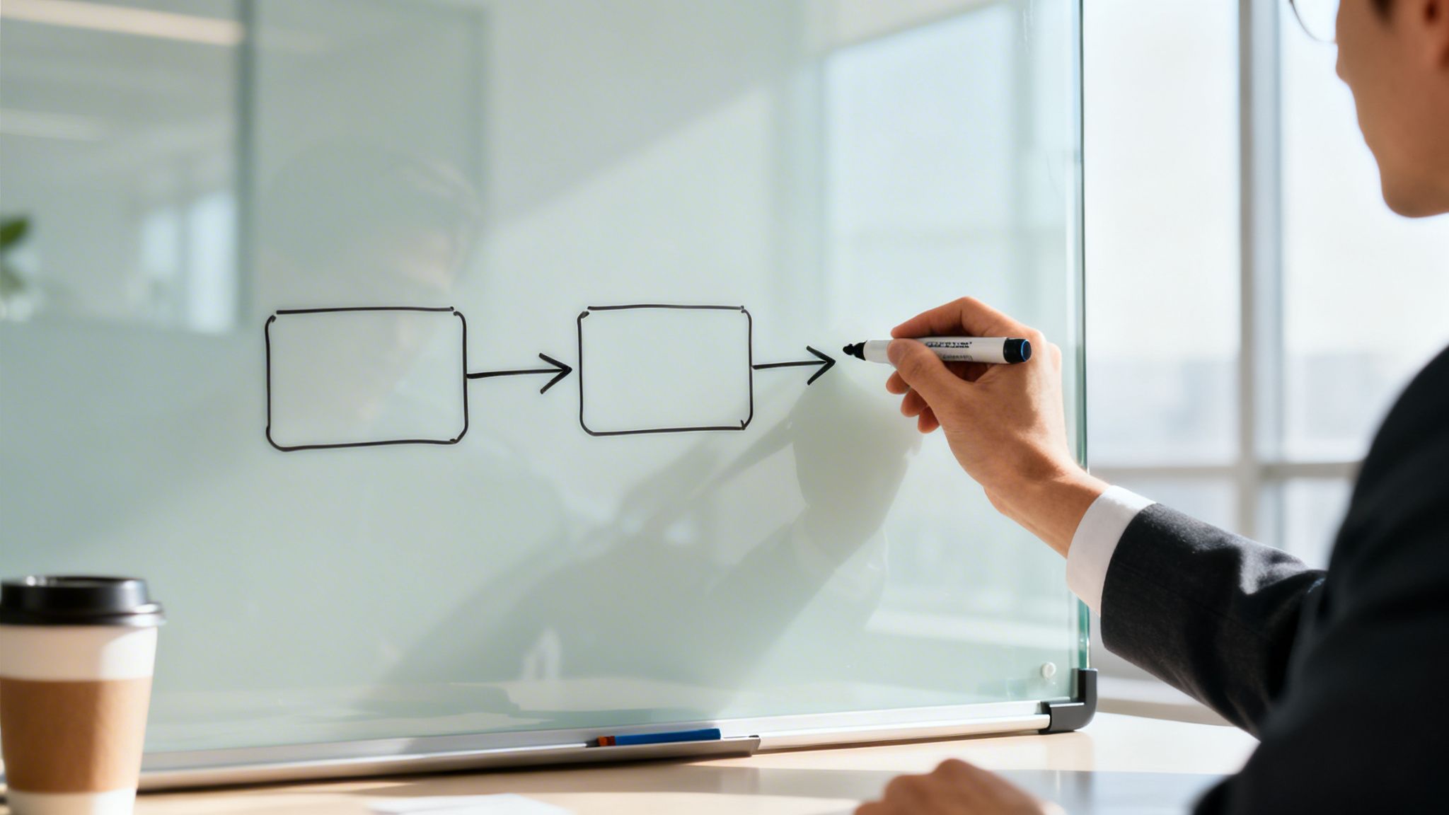 A business professional draws a process flowchart with a marker on a clear glass whiteboard.
