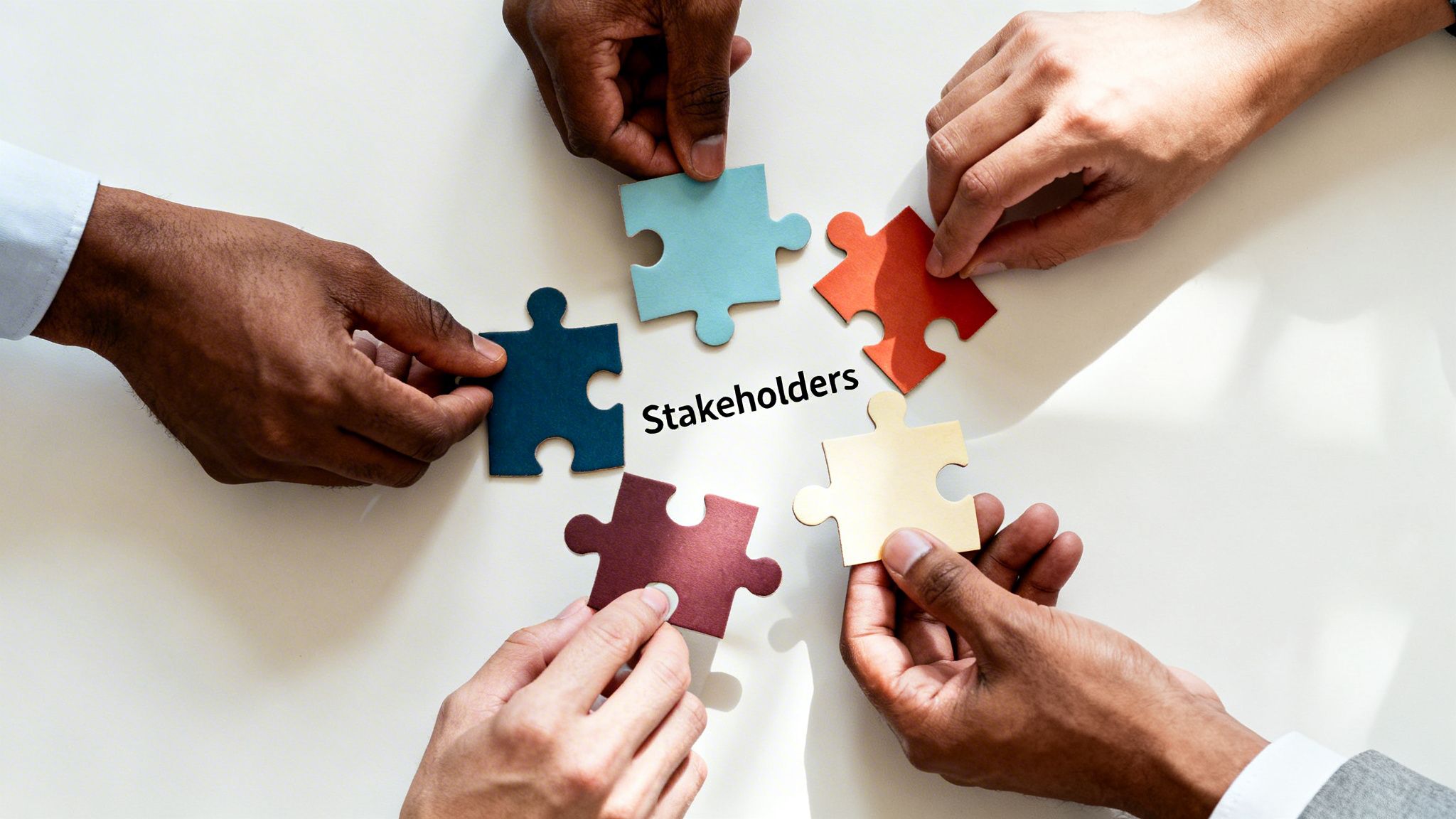 Diverse hands arrange colorful puzzle pieces around the word 'Stakeholders' on a white table, symbolizing collaboration.
