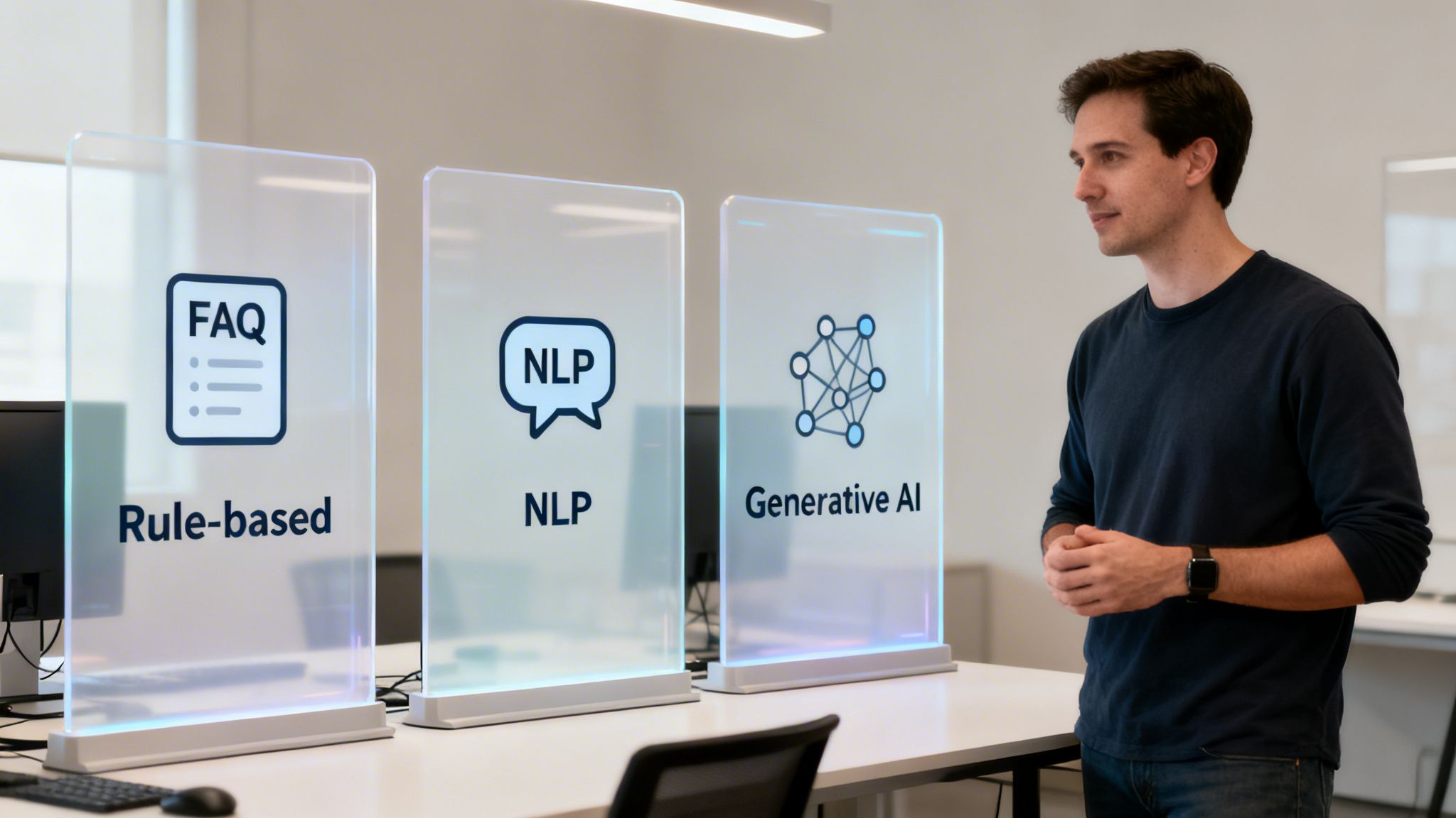 A man presenting different AI concepts: Rule-based, NLP, and Generative AI on illuminated panels.