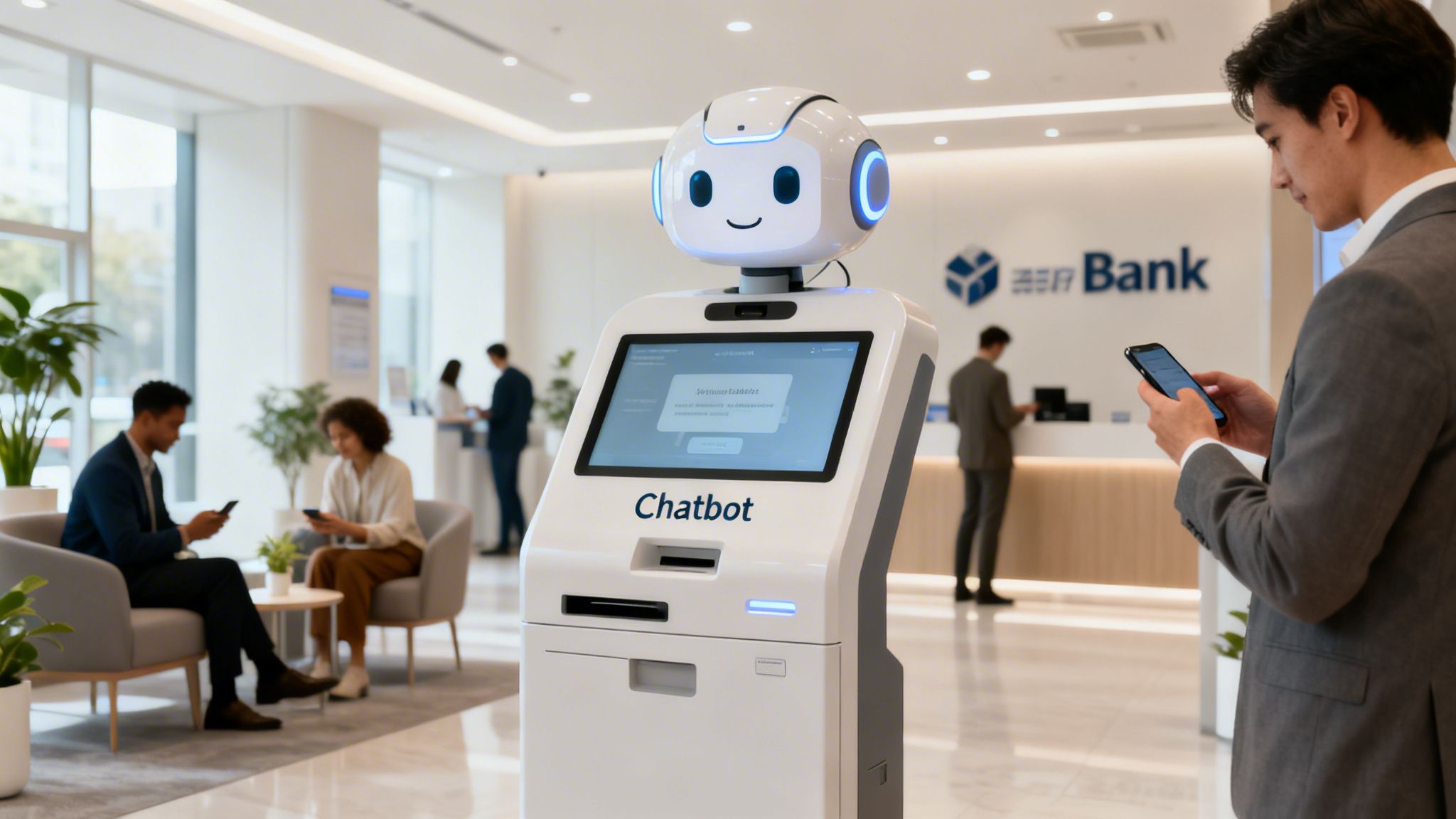 A white robot chatbot kiosk stands prominently in a modern bank lobby with diverse customers.