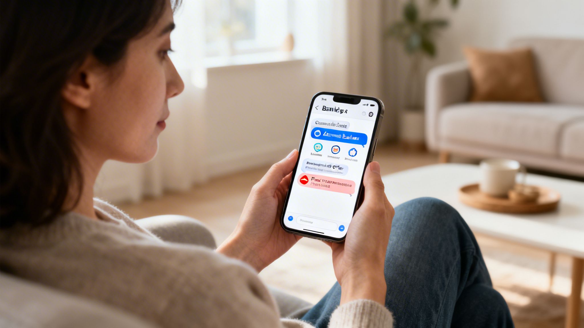A woman uses her smartphone, interacting with a chatbot application in a modern living room.