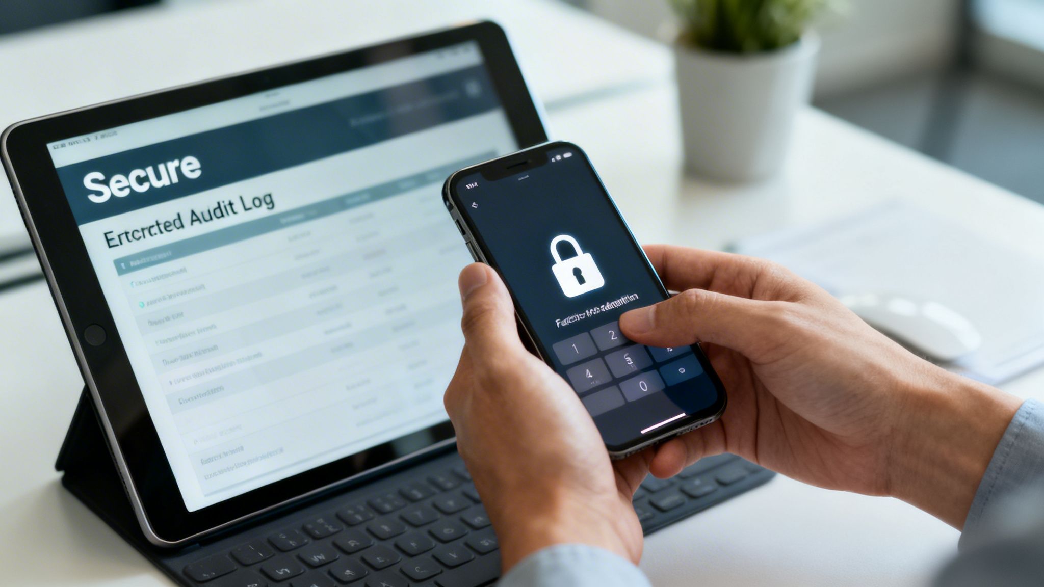 Hands are holding a smartphone with a locked screen, while a tablet displays a secure audit log.