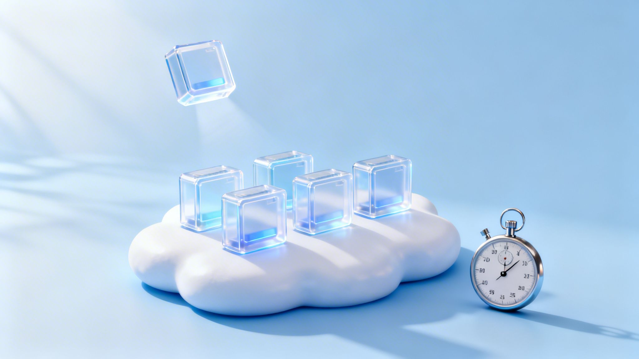 Abstract image of glowing data cubes on a cloud next to a stopwatch, representing cloud optimization.