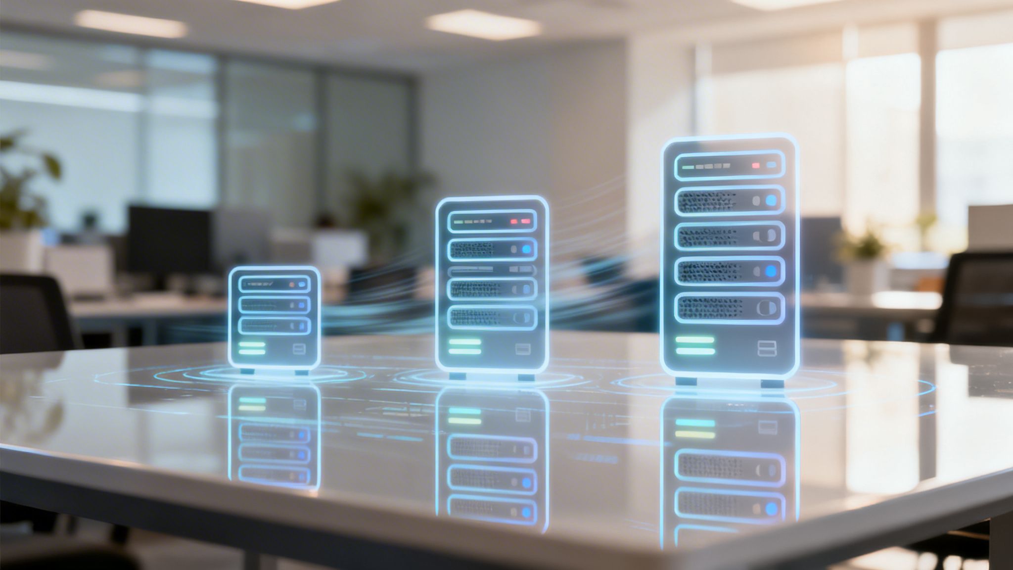 Three glowing holographic server racks on a desk, connected by light trails in an office.