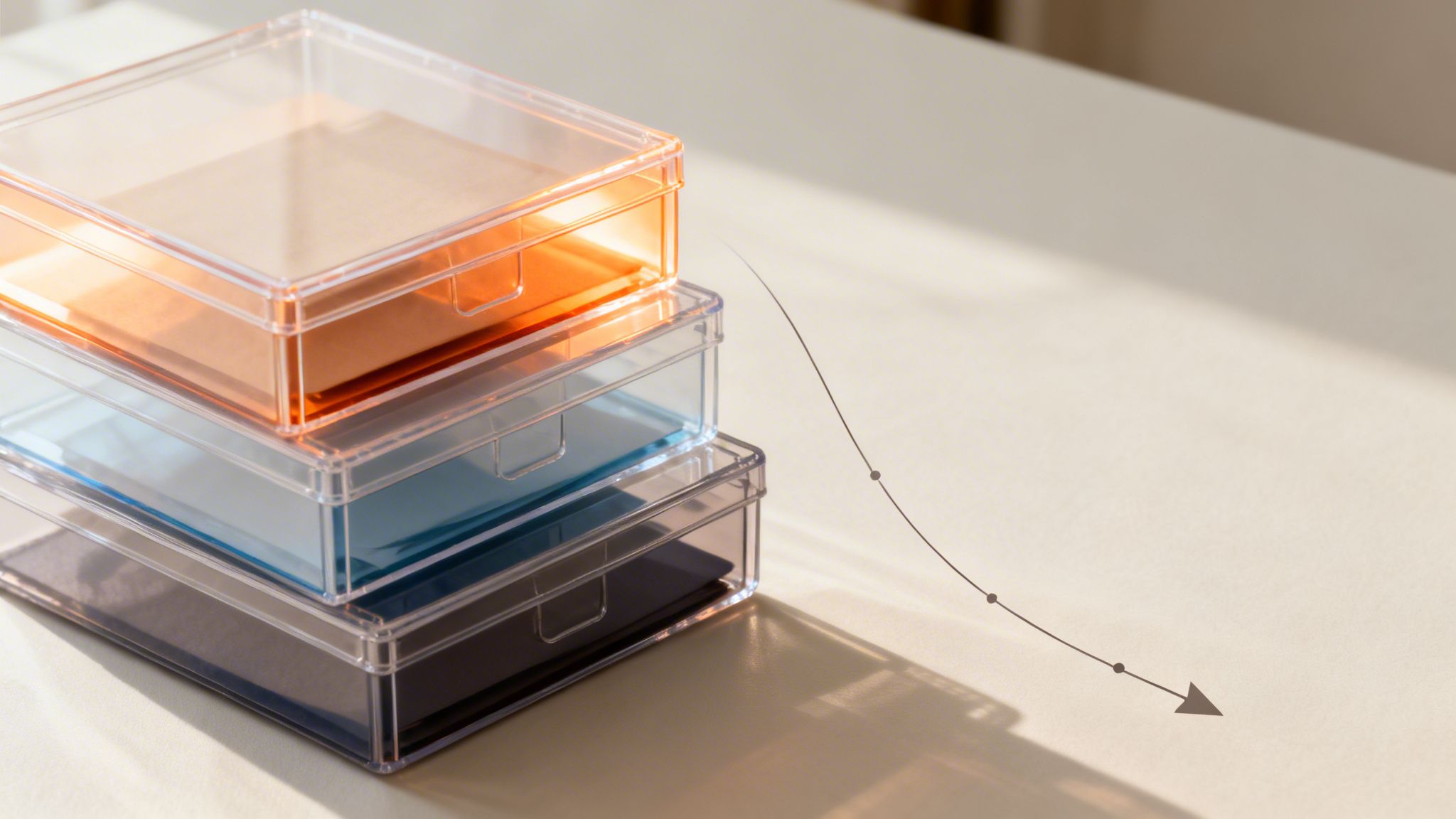 Three clear plastic storage boxes with colored inserts, next to a curved line indicating a downward trend.