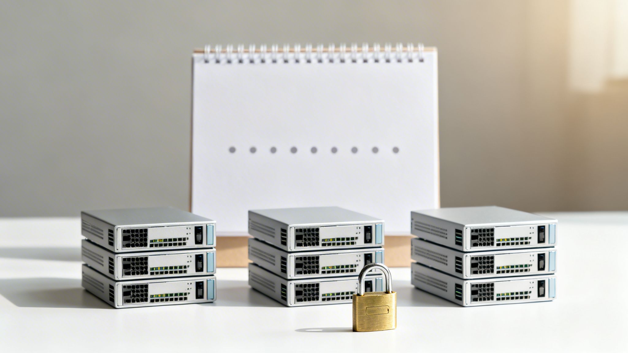 A golden padlock secures three stacks of server devices, with a calendar showing data points in the background, representing data security.