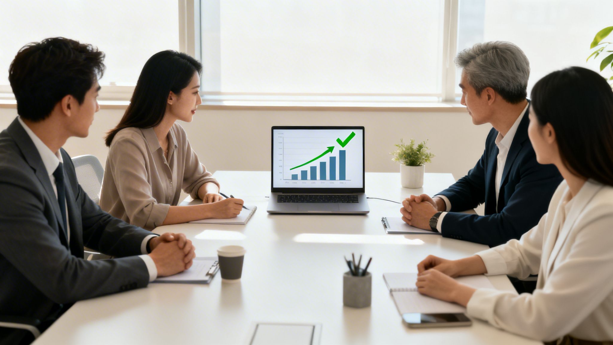 Four diverse business professionals analyze a growing bar graph on a laptop during a meeting.