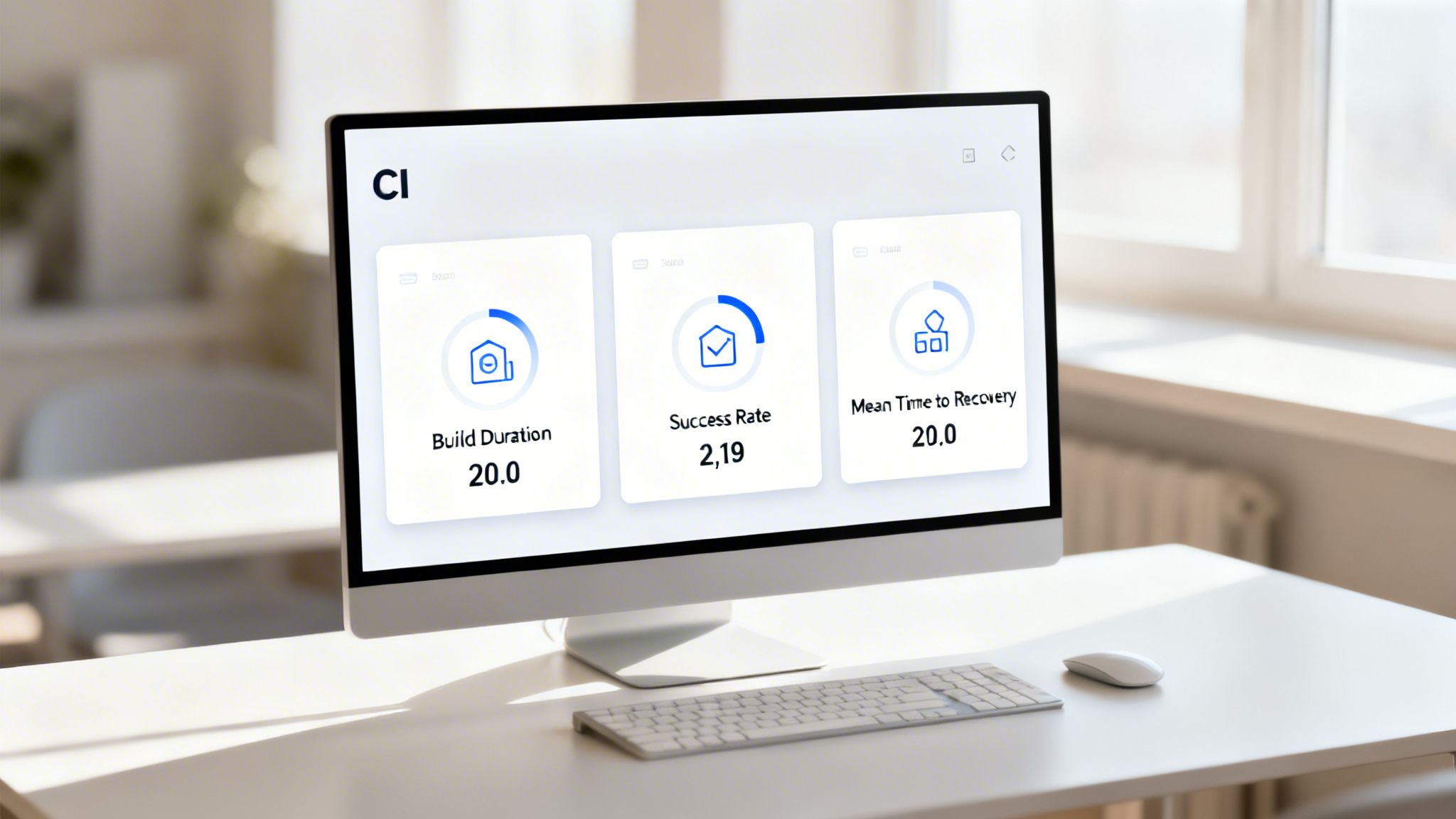 A computer monitor displays a CI/CD dashboard with build duration, success rate, and mean time to recovery metrics.