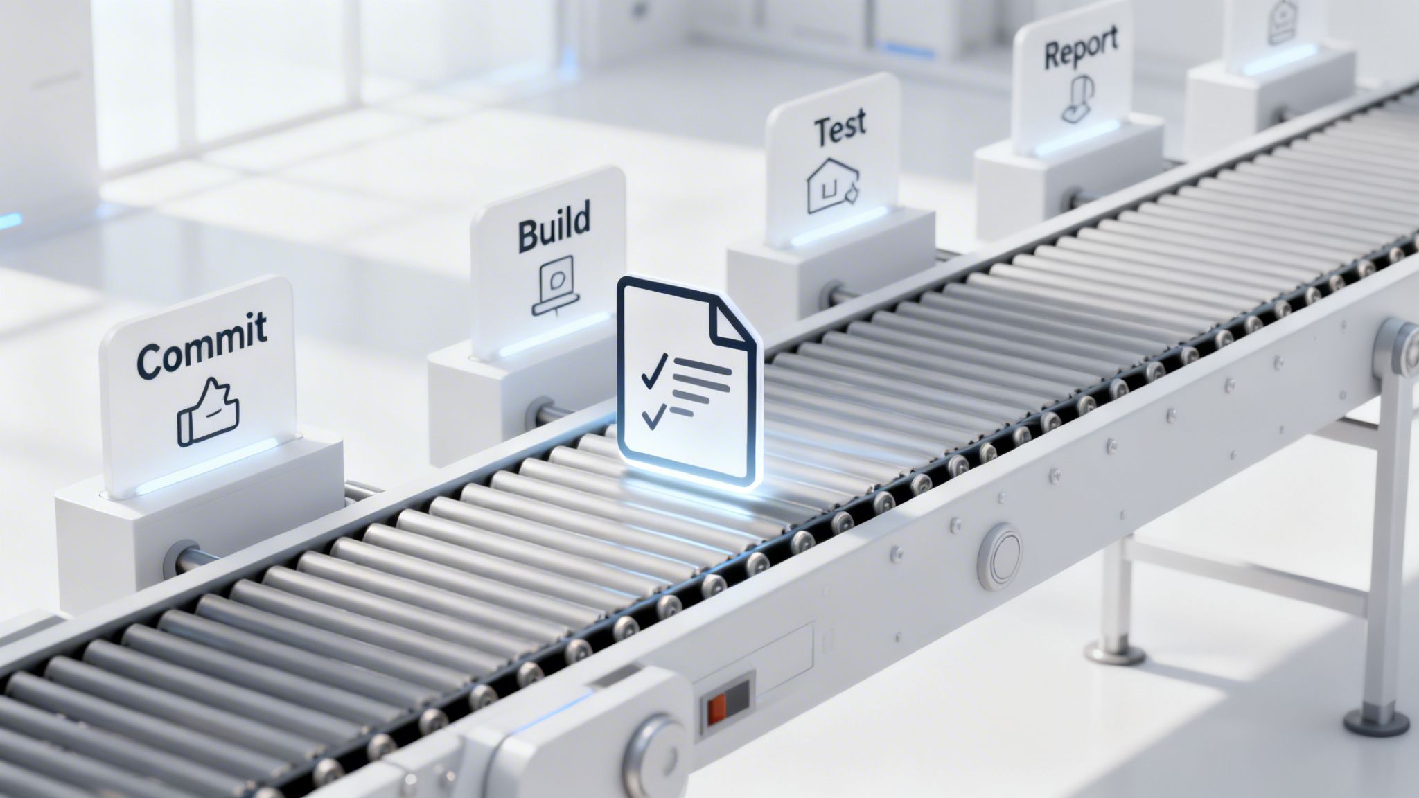 A glowing document icon moves along a continuous integration conveyor belt with 'Commit', 'Build', 'Test', 'Report' stages.