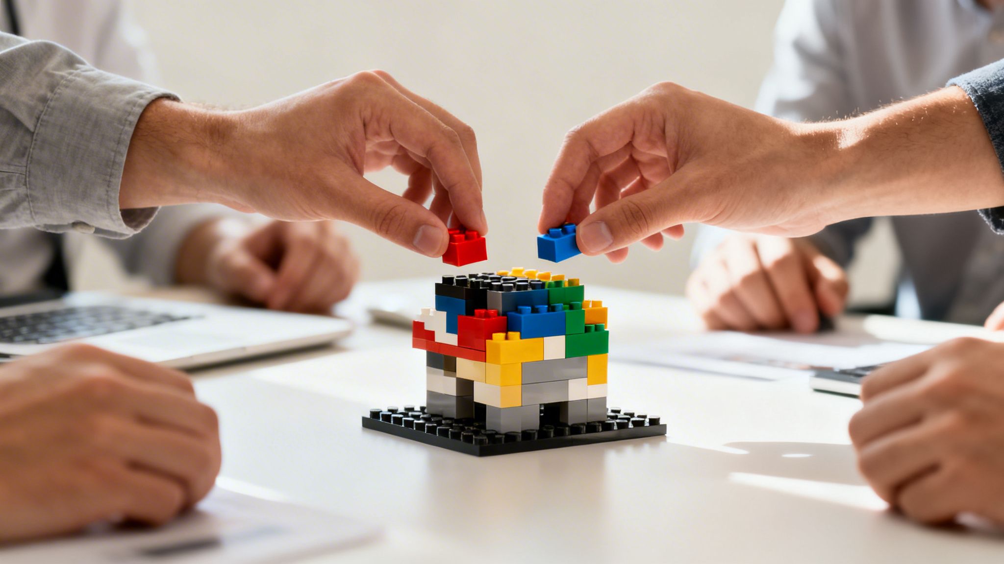 Hands collaboratively building a multi-colored Lego model, representing business team integration.