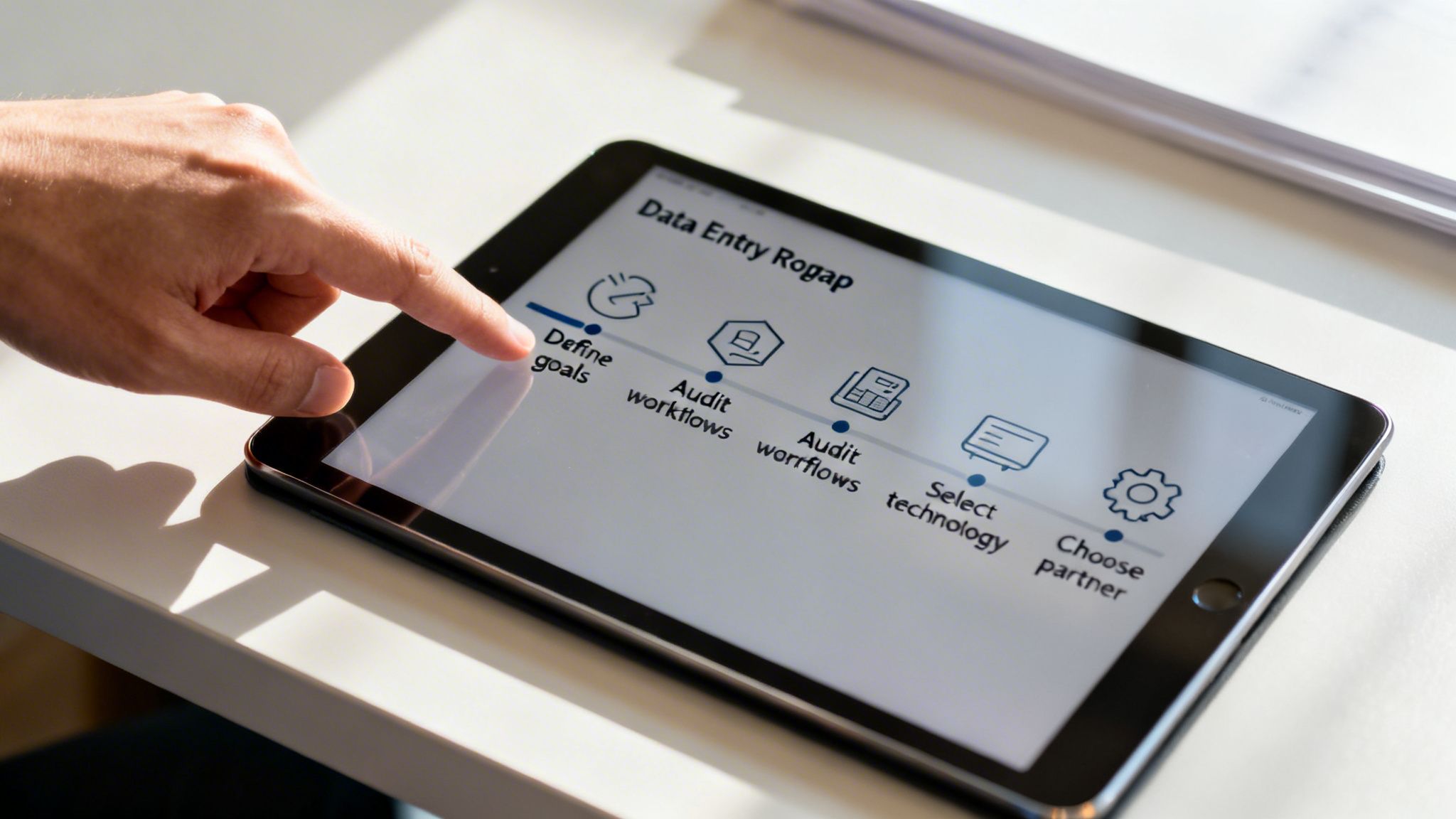 A person's hand interacts with a tablet showing a data entry process diagram.
