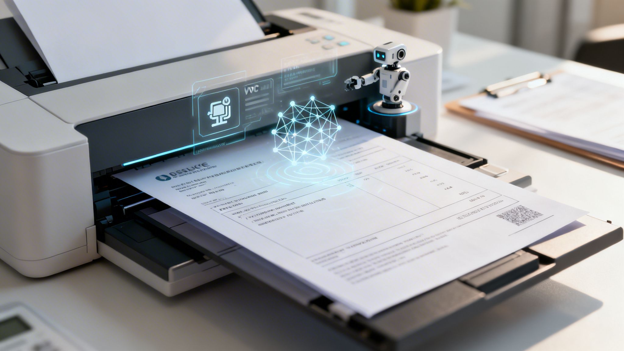 A futuristic printer processes a document with a small robot and glowing data entry holograms.