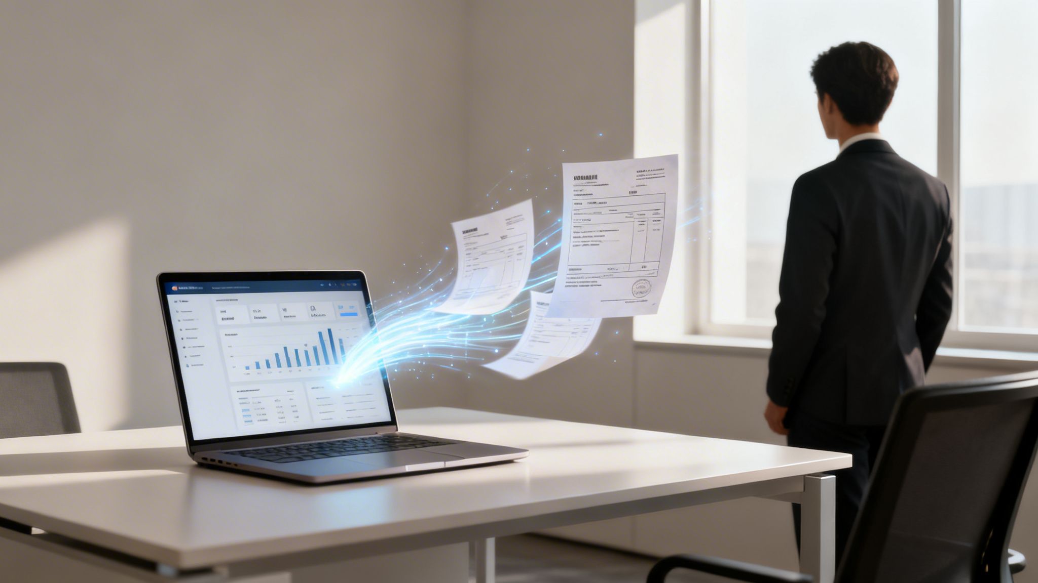 A laptop processes digital documents with data visualizations, while a businessman stands by a bright window.