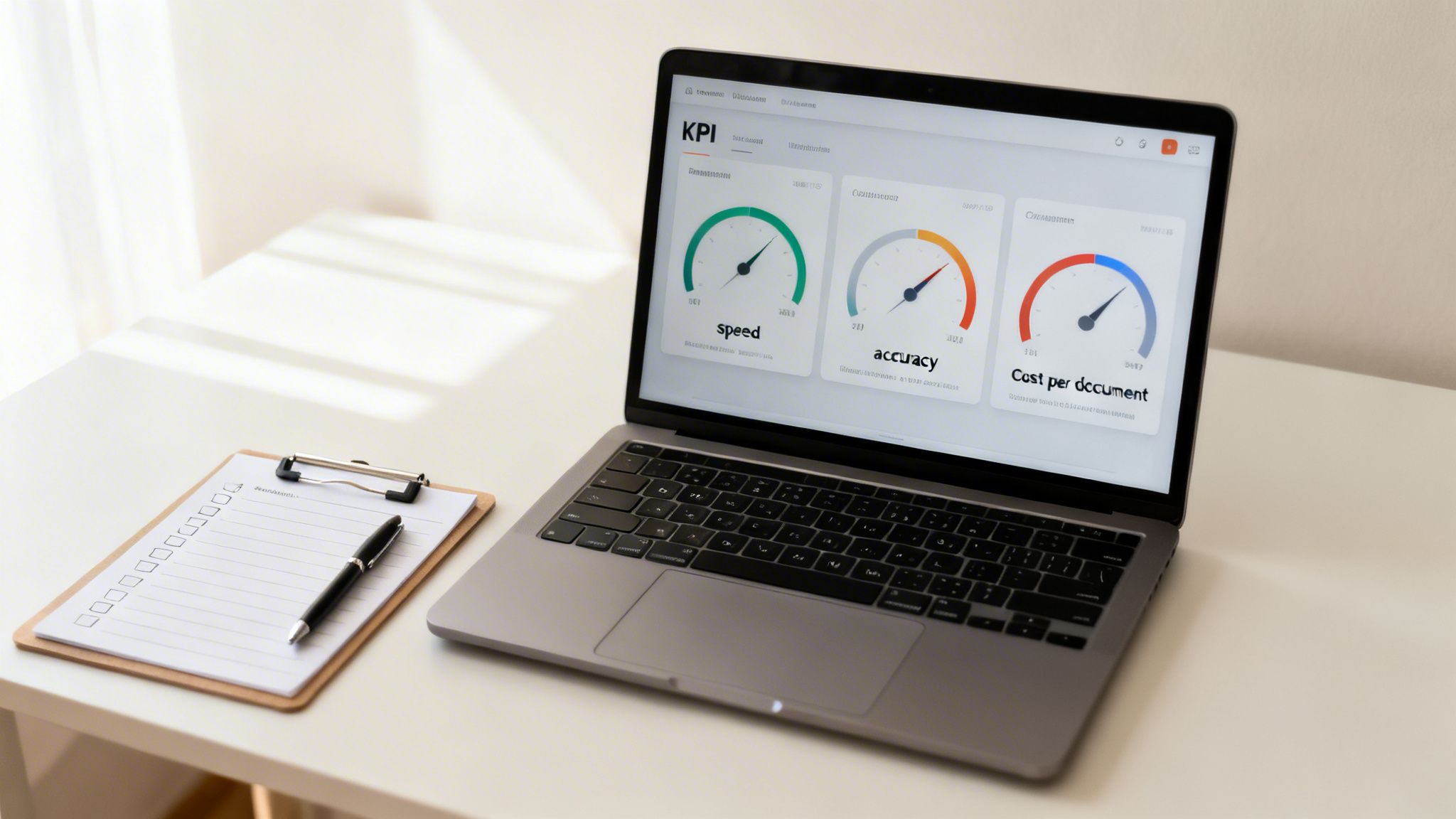 Laptop displaying a KPI dashboard for speed, accuracy, and cost, alongside a clipboard and pen on a white desk.