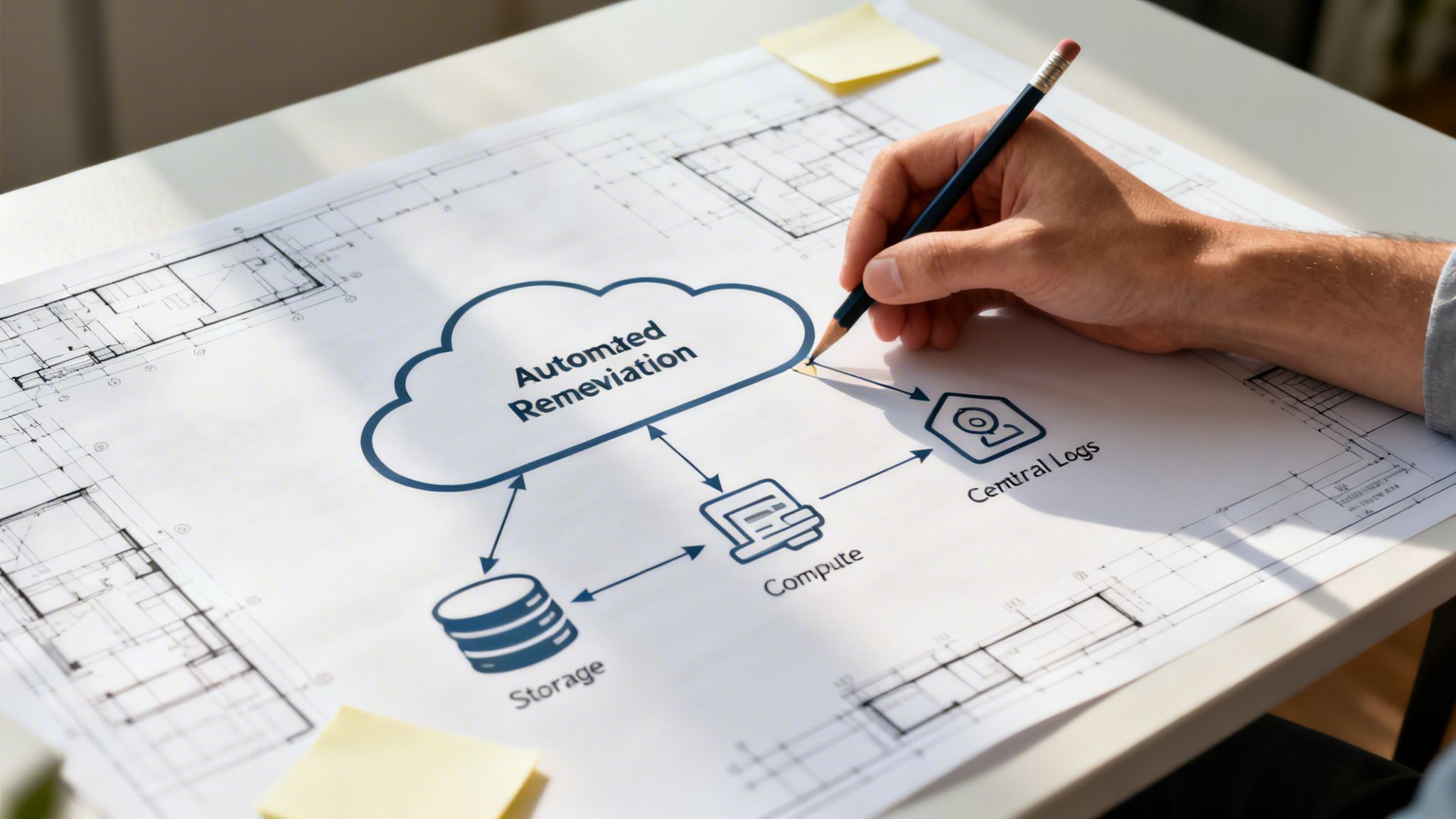 A hand points to a technical diagram illustrating automated remediation with cloud, storage, compute, and central logs.