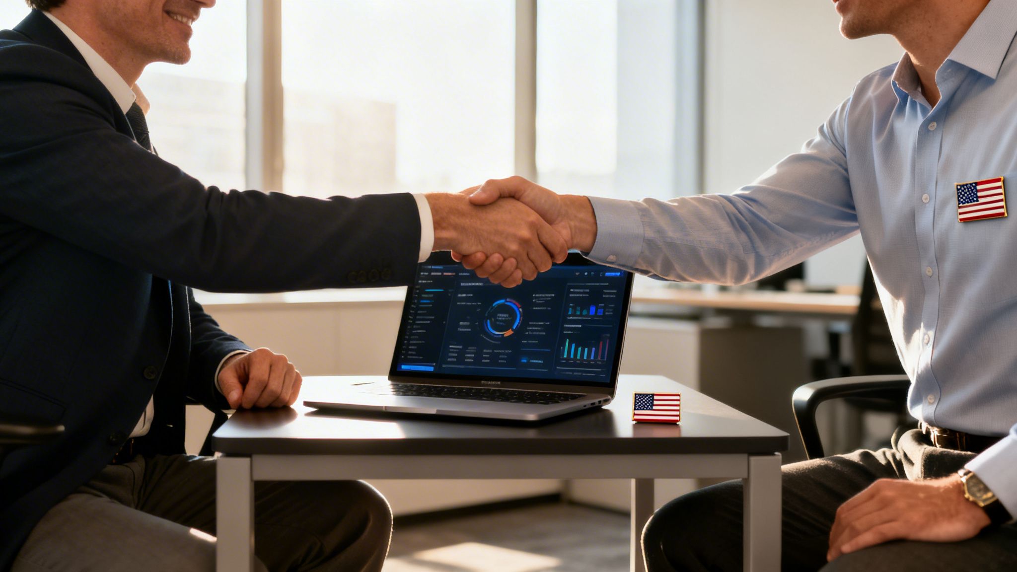 Two men in a professional setting shaking hands over a laptop displaying data and analytics.