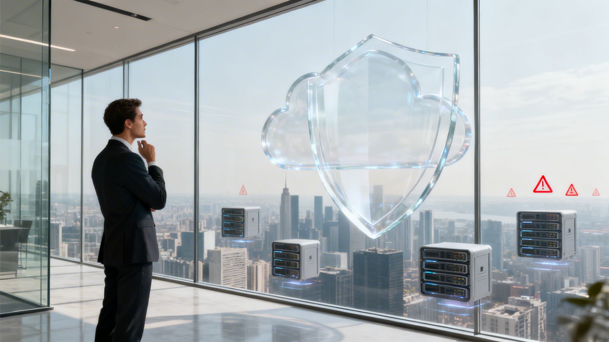 Businessman observing holographic cloud security shield, data servers, and warning signs over a city.