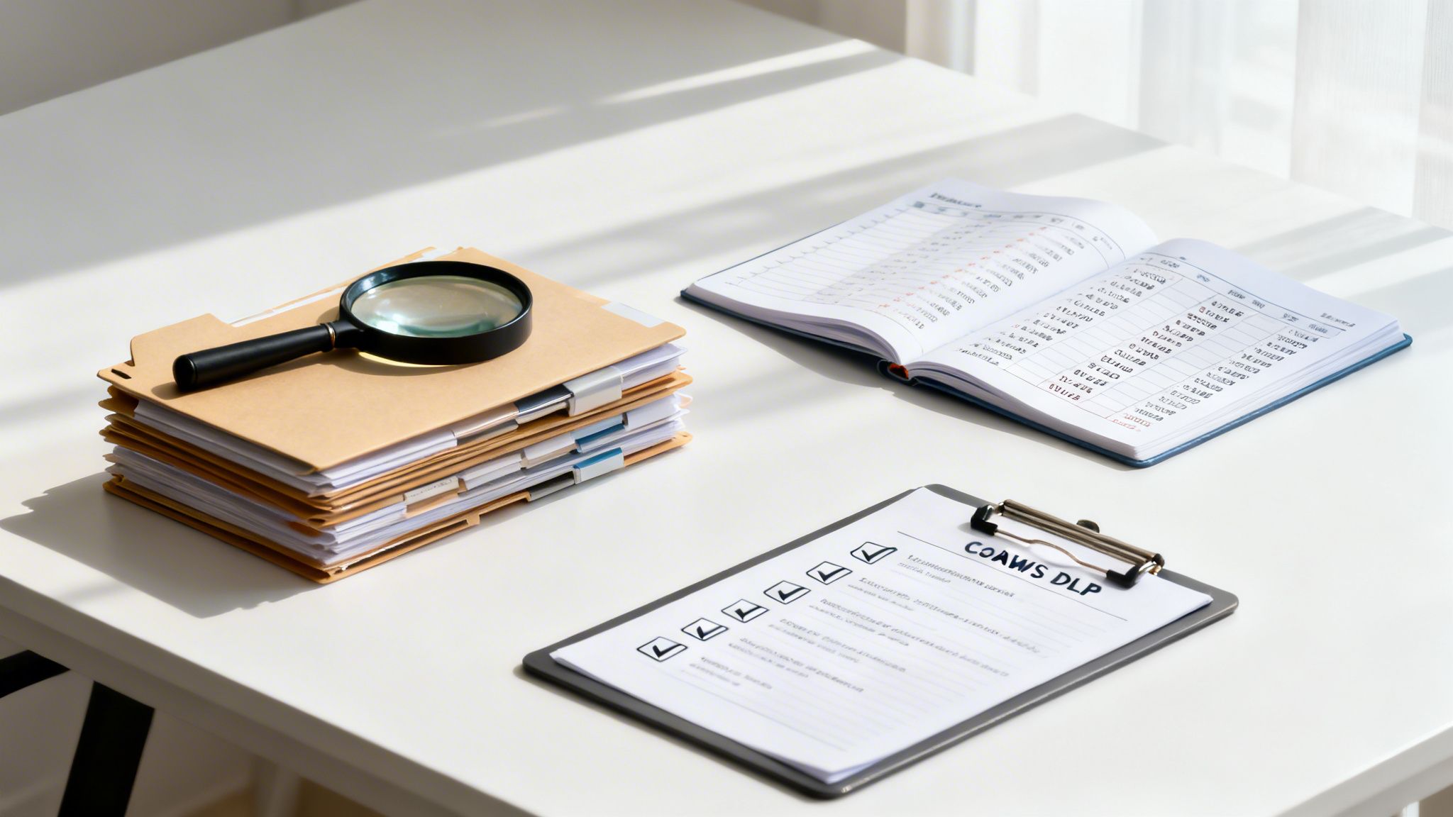 A clean white desk with a stack of files, a magnifying glass, an open notebook, and a clipboard with a 'COAWS DLP' checklist.