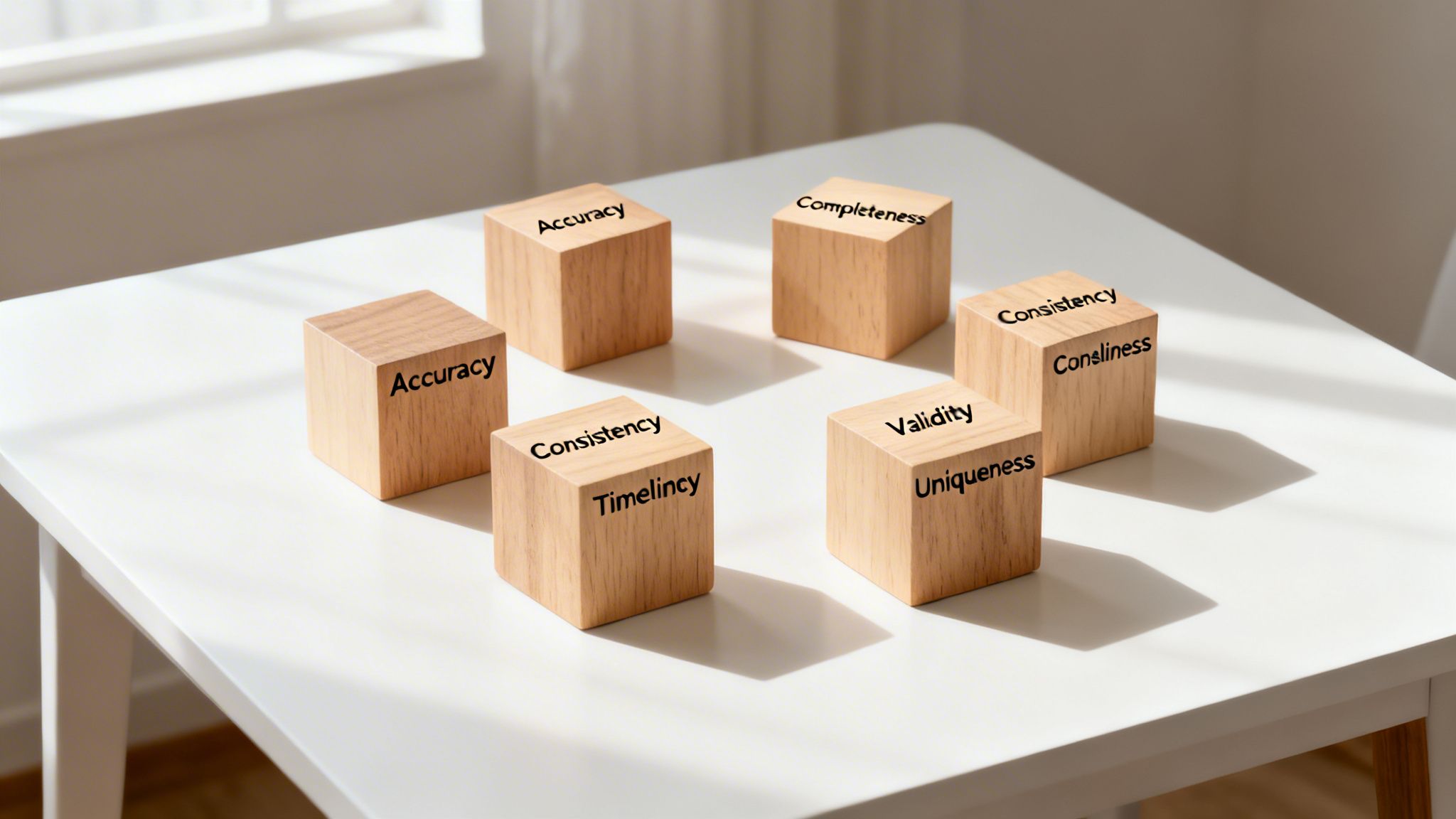 Wooden blocks on a white table with data quality concepts like accuracy, consistency, and validity.