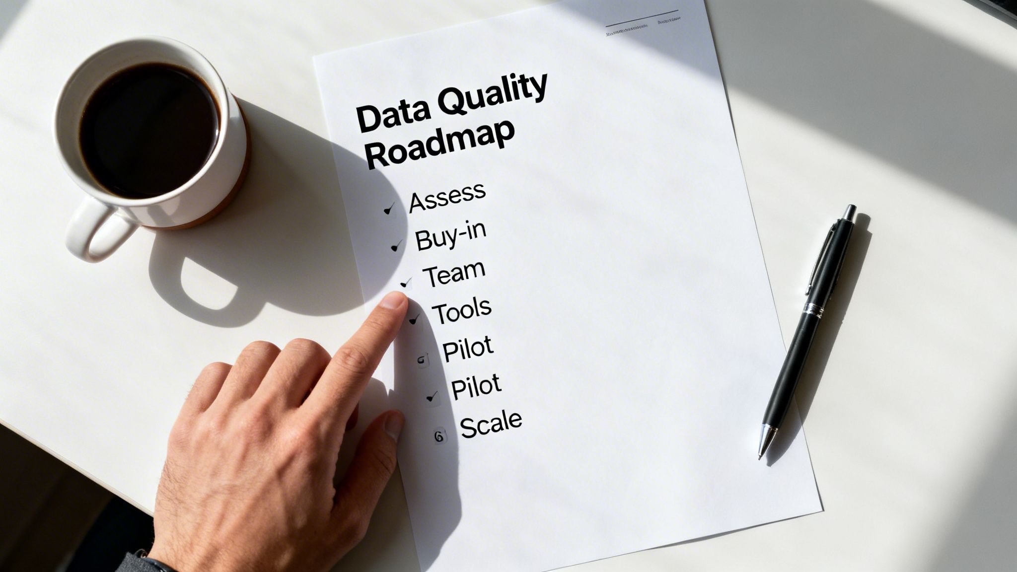 A hand points to 'Tools' on a 'Data Quality Roadmap' document, with coffee and a pen.
