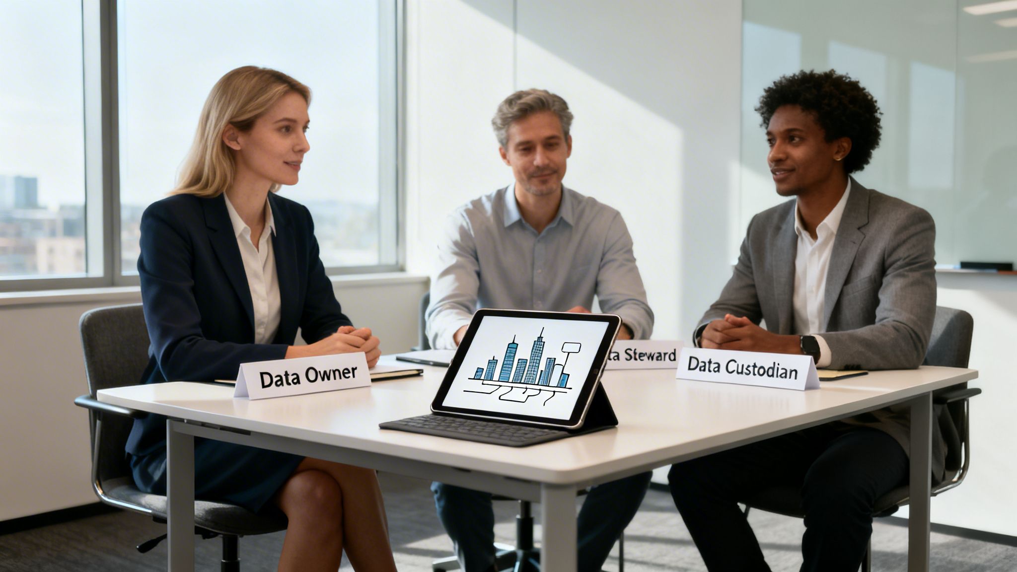 Three business professionals, labeled Data Owner, Data Steward, and Data Custodian, are in a meeting.