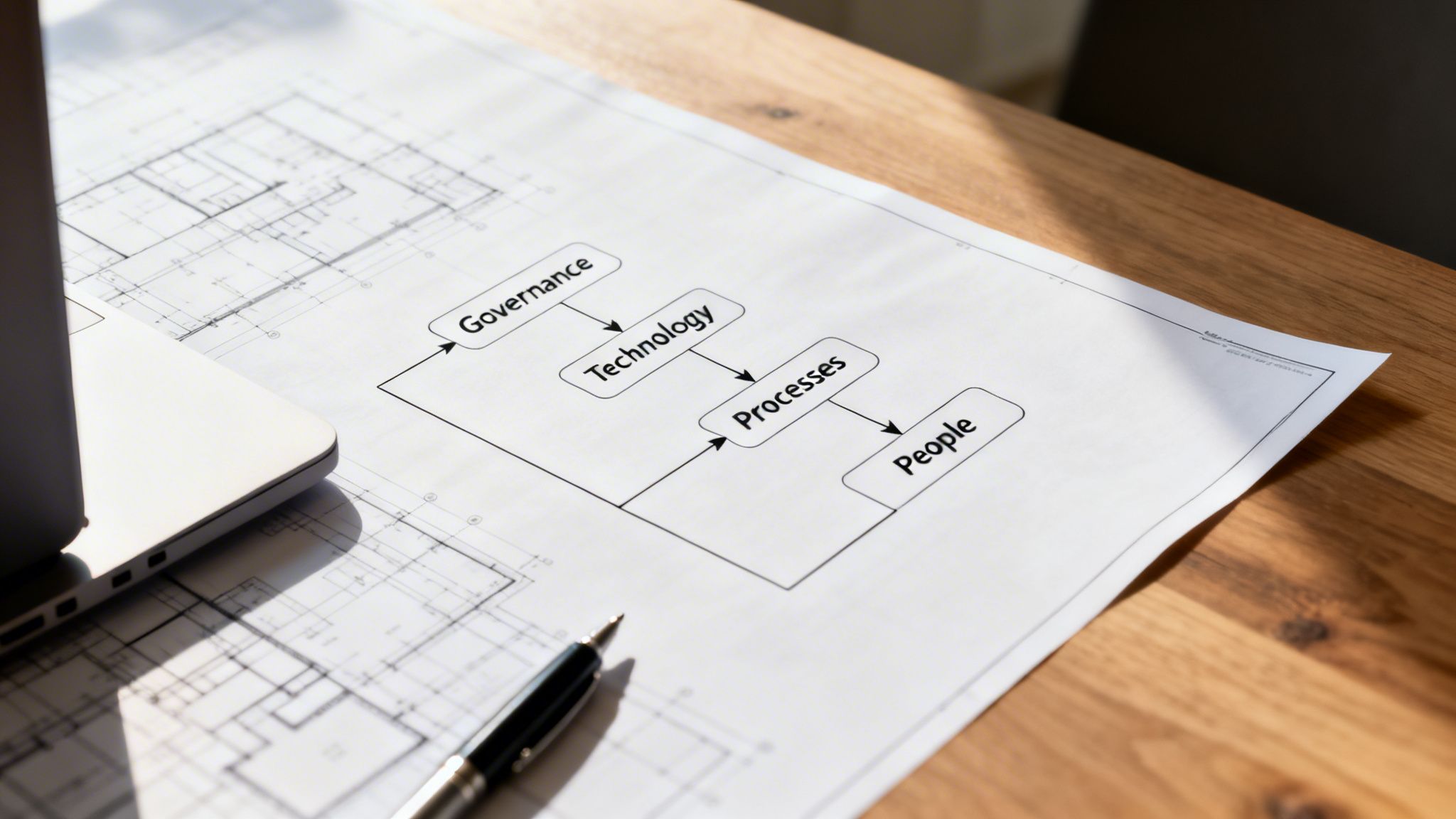 A flowchart on a blueprint with text Governance, Technology, Processes, and People, next to a laptop.