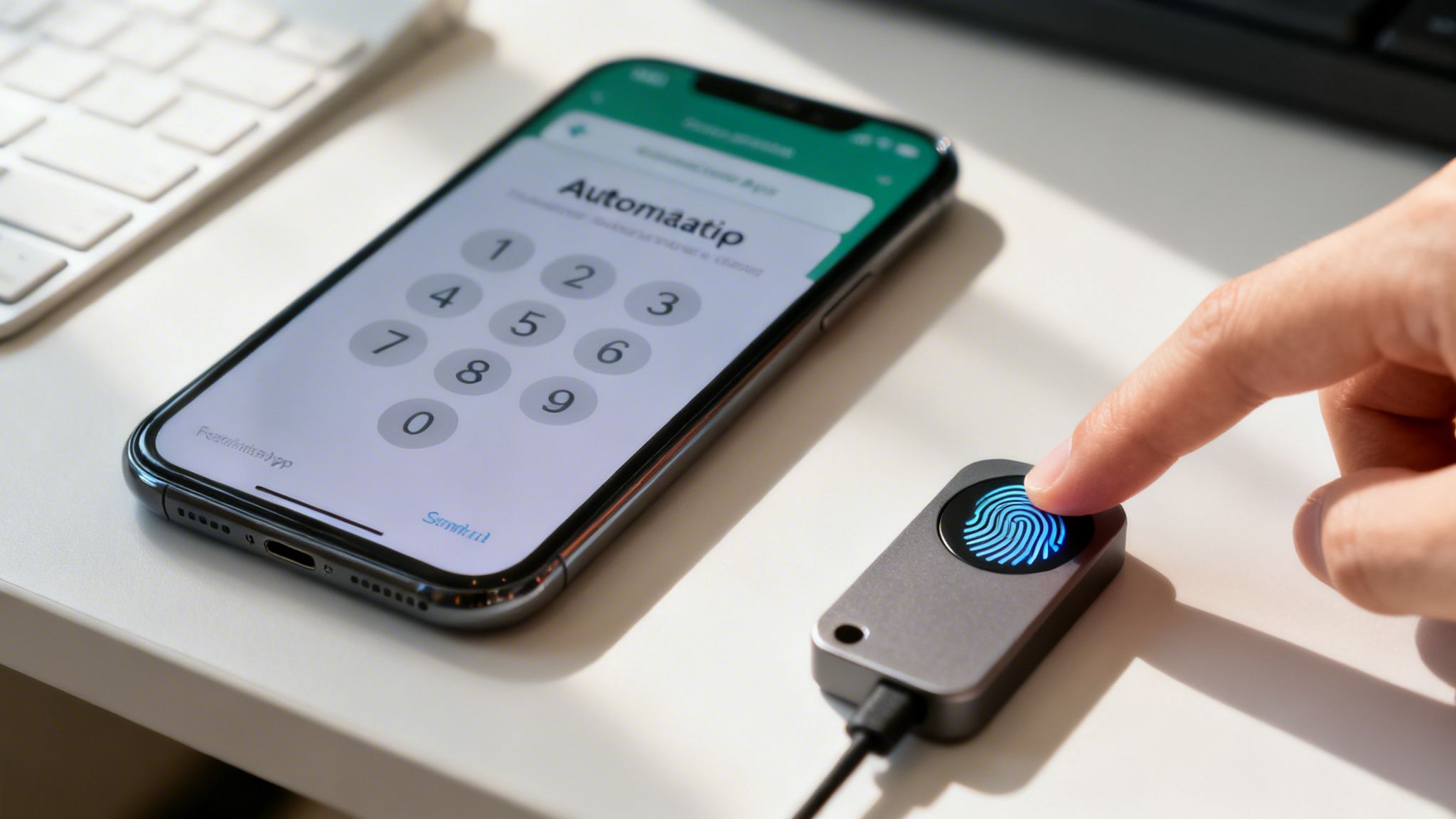 A finger pressing a biometric security key with a glowing blue fingerprint icon, beside a smartphone.