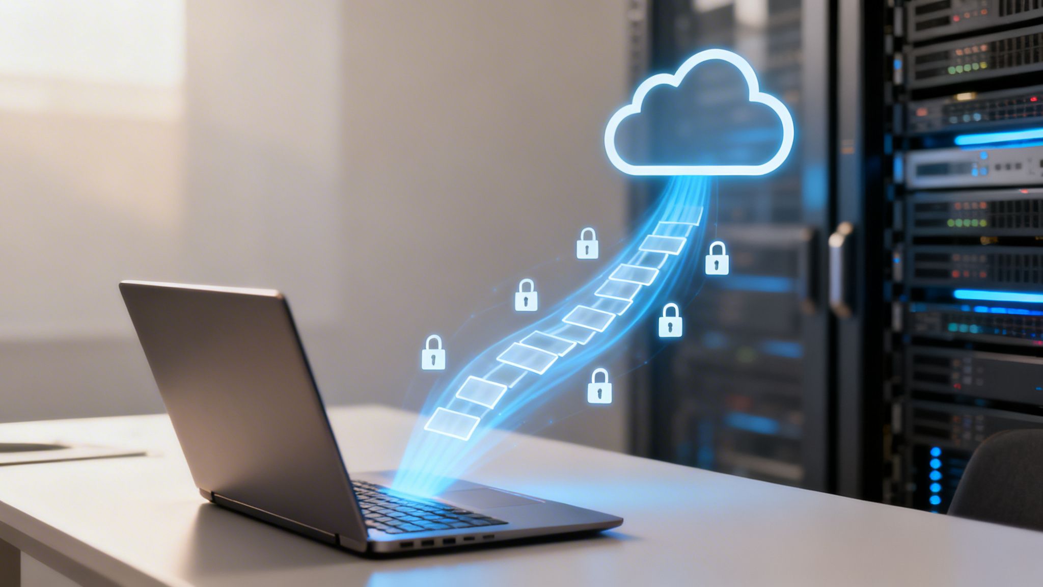 Laptop connected to a secure cloud network with data flow and padlock icons in a server room.