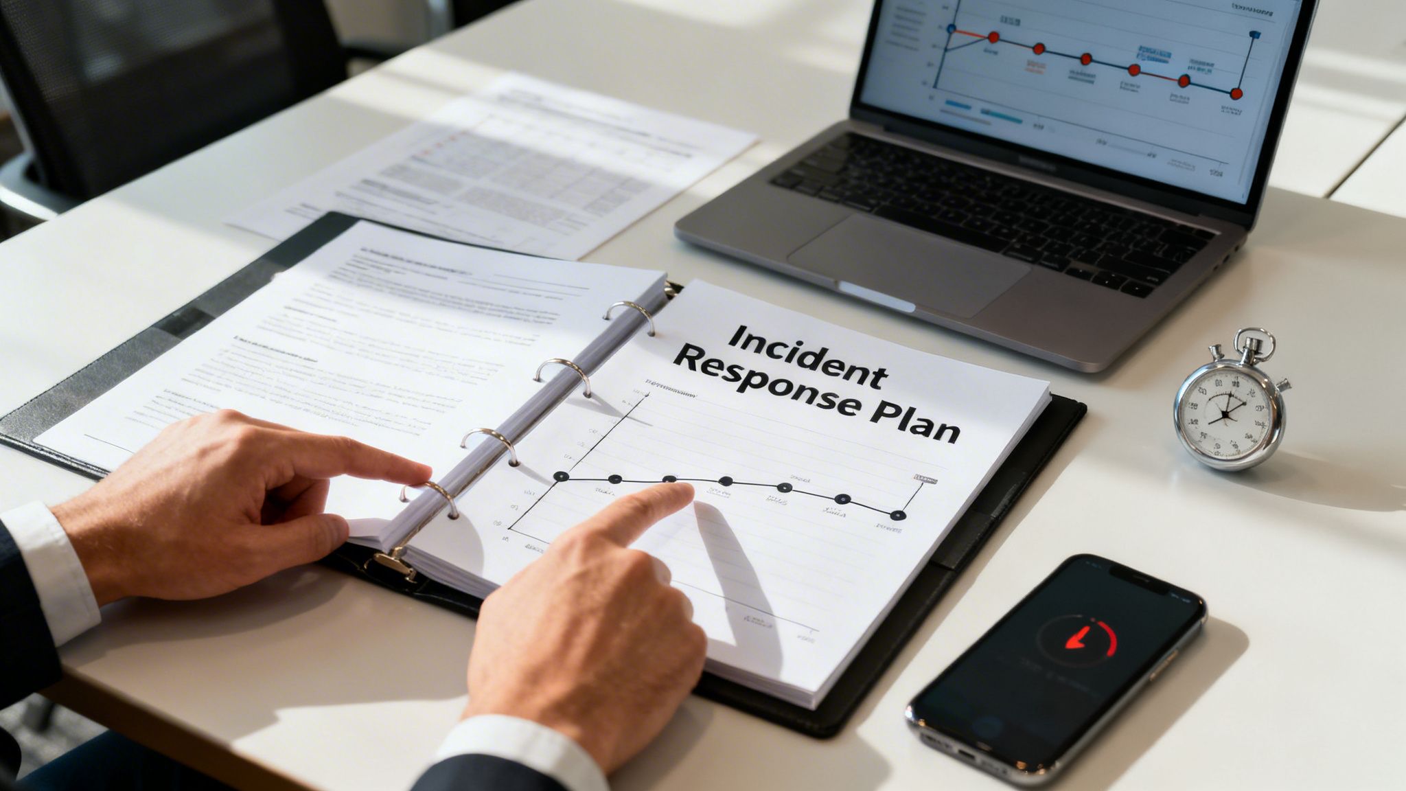 A person's hands reviewing an 'Incident Response Plan' document with a graph, laptop, stopwatch, and alert phone on a white desk.