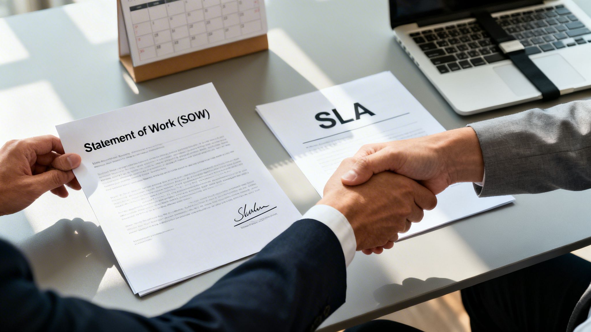 Two business professionals shake hands over a desk, finalizing an agreement with SOW and SLA documents.