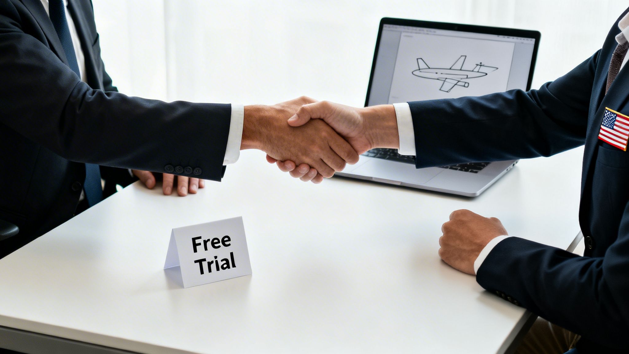 Two businessmen in suits shaking hands across a table with a 'Free Trial' sign and a laptop.