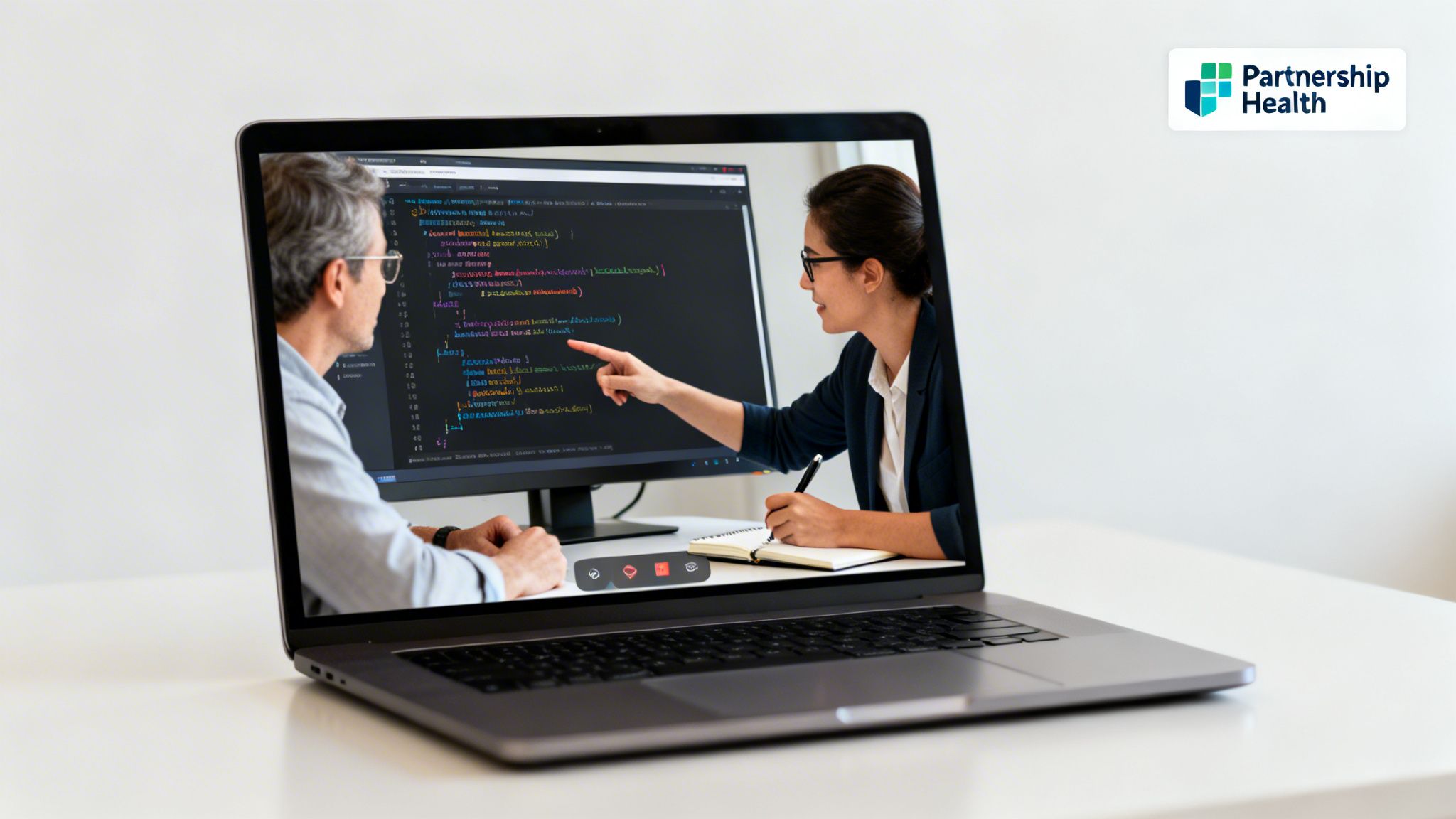 A woman points at code on a monitor during a video call with a man, discussing programming.