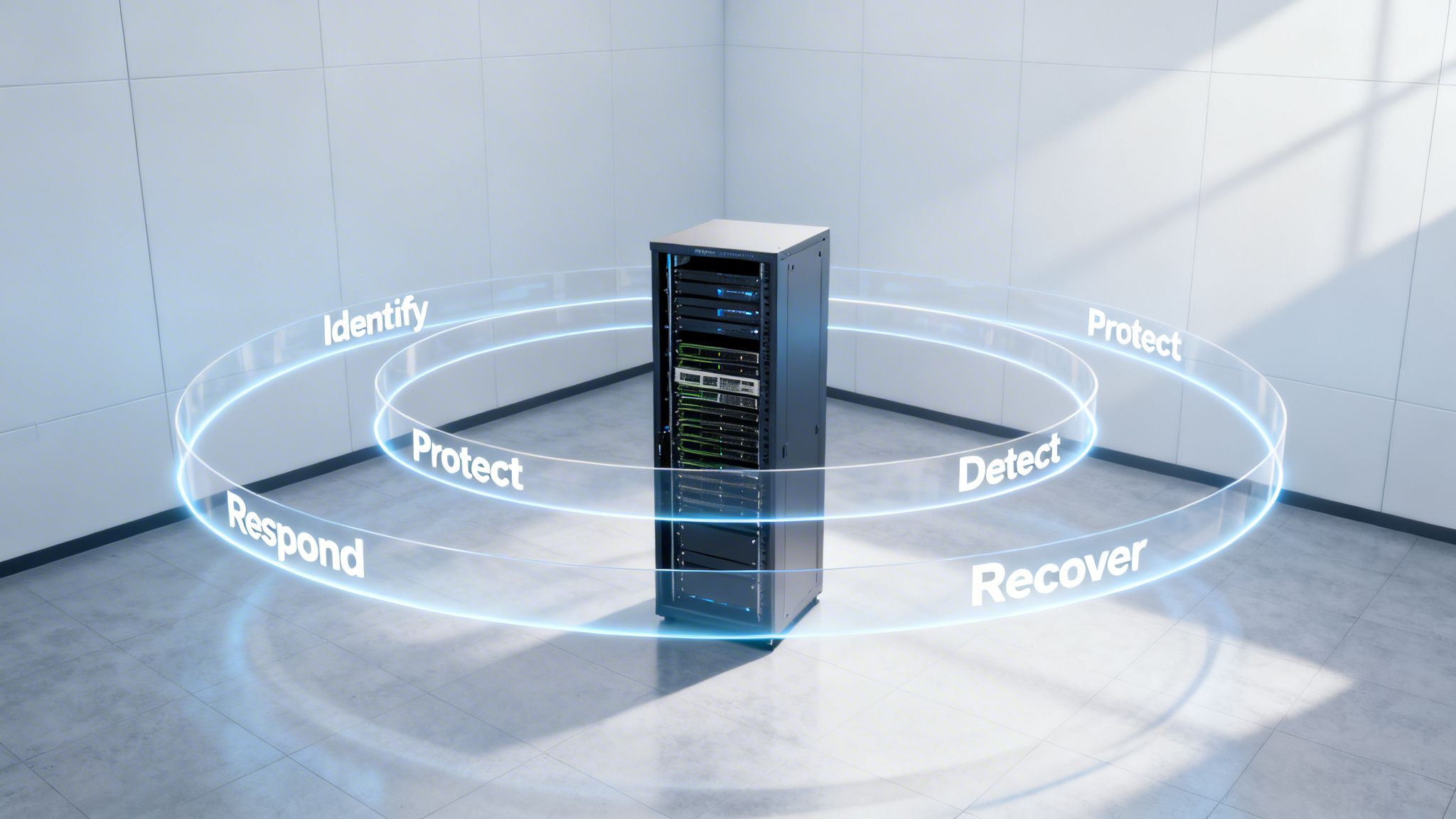 A server rack with glowing rings displaying cybersecurity steps: Identify, Protect, Detect, Recover, Respond.