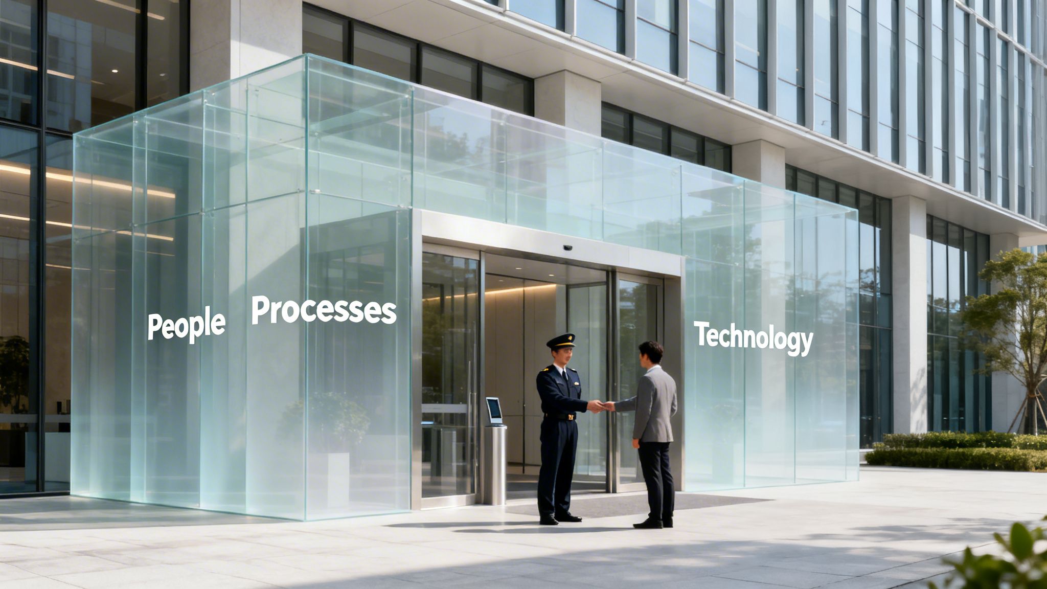 A uniformed staff member shakes hands with a businessman at a modern building entrance with 'People Processes Technology' on glass.