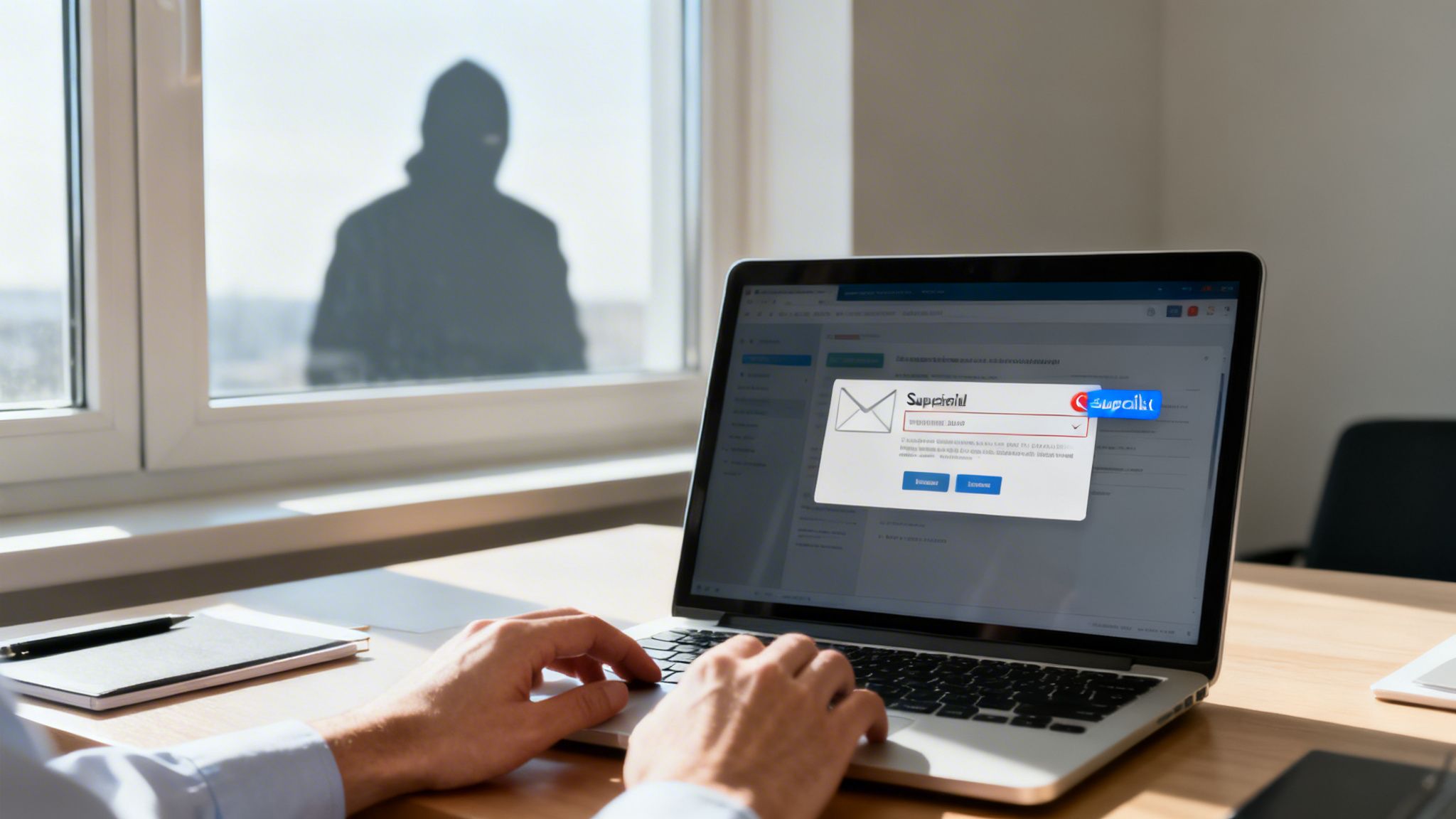 Person using a laptop sees a suspicious email while a hacker's silhouette looms outside the window, symbolizing a cybersecurity threat.