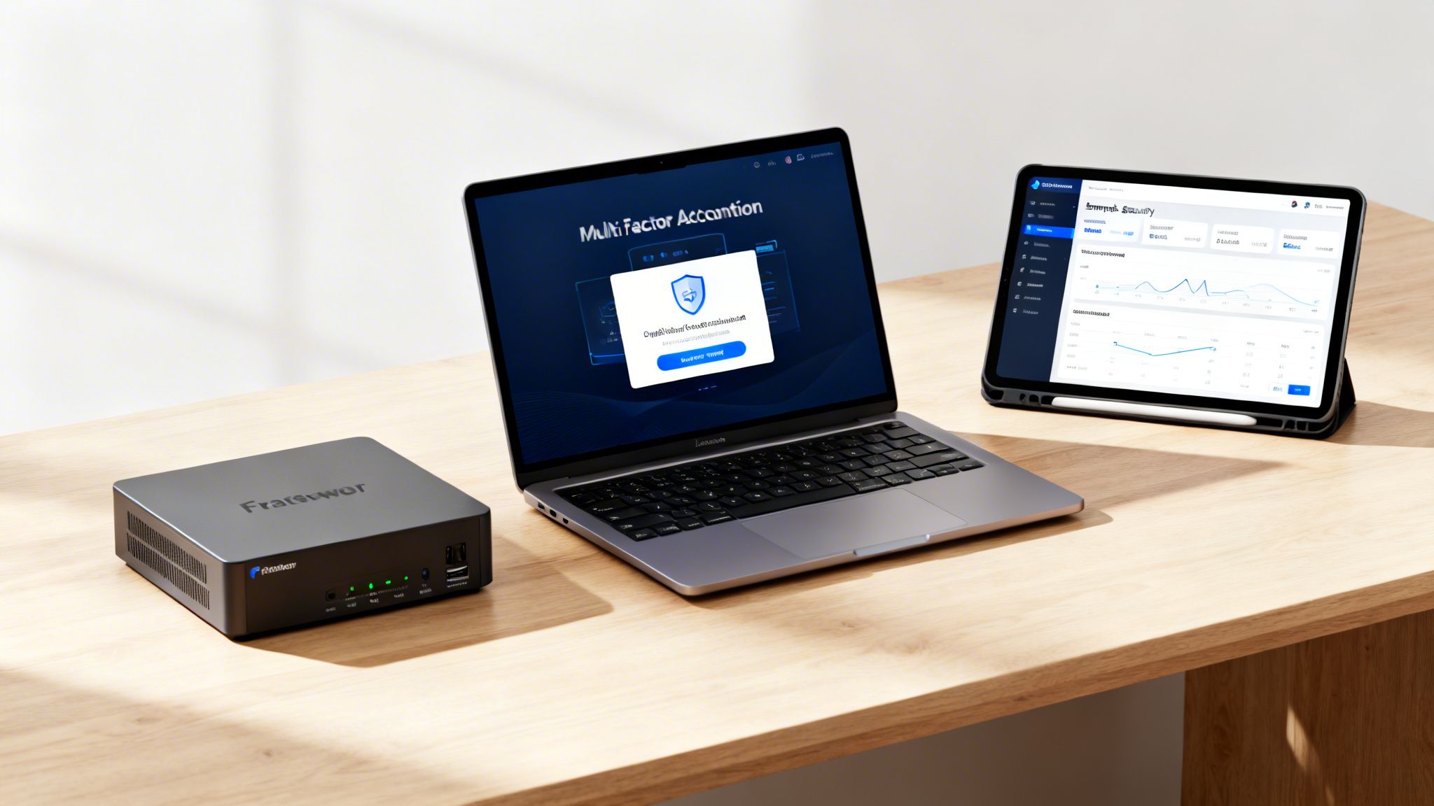 A modern desk setup featuring a black device, laptop with security screen, and tablet displaying data.
