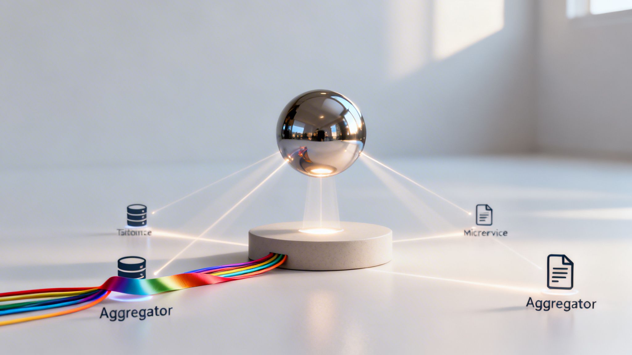 A visualization of data integration patterns, showing a central sphere connecting databases, microservices, and aggregators with light beams.