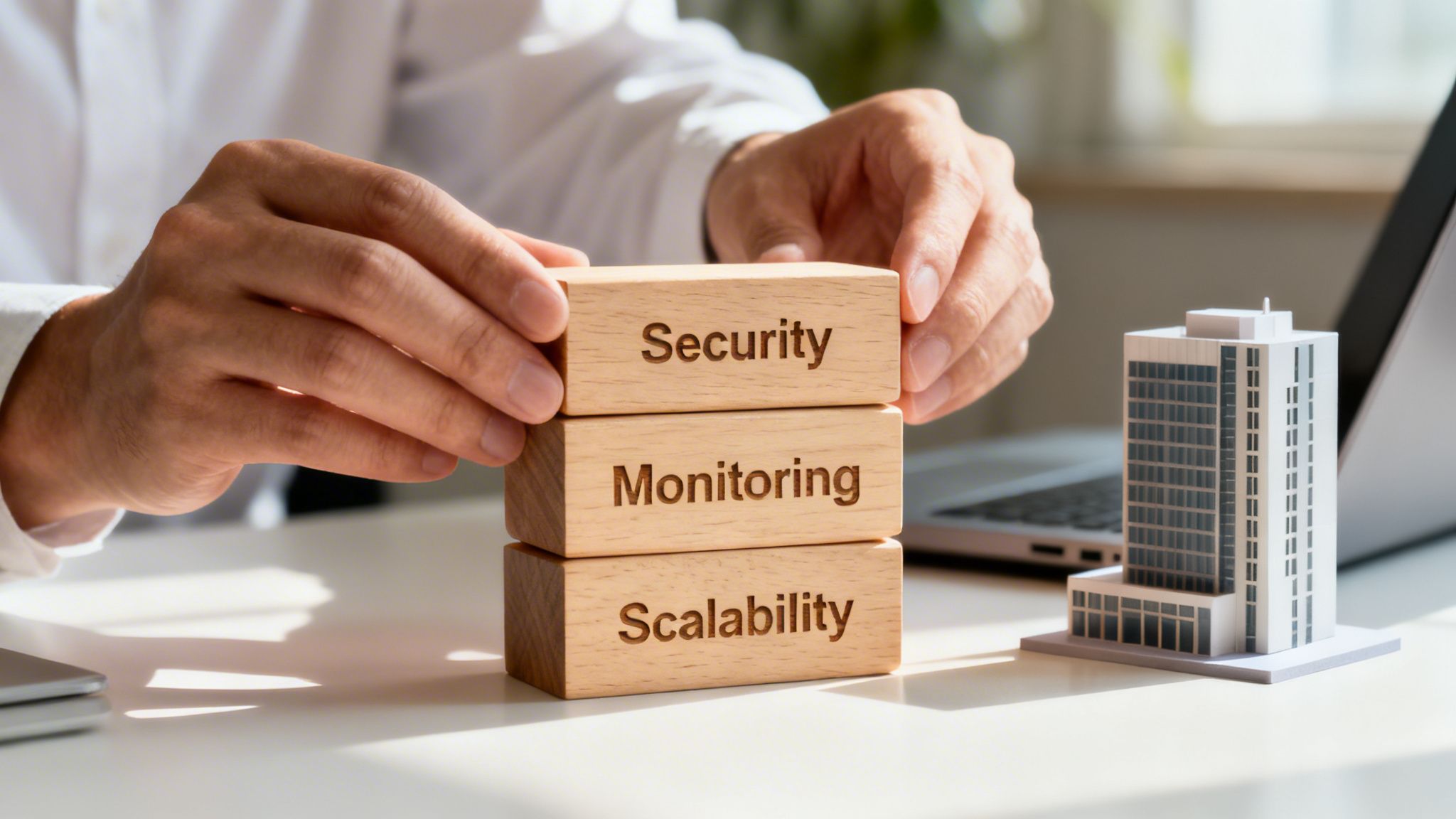 Hands stacking wooden blocks labeled 'Security', 'Monitoring', 'Scalability' next to a building model and laptop.