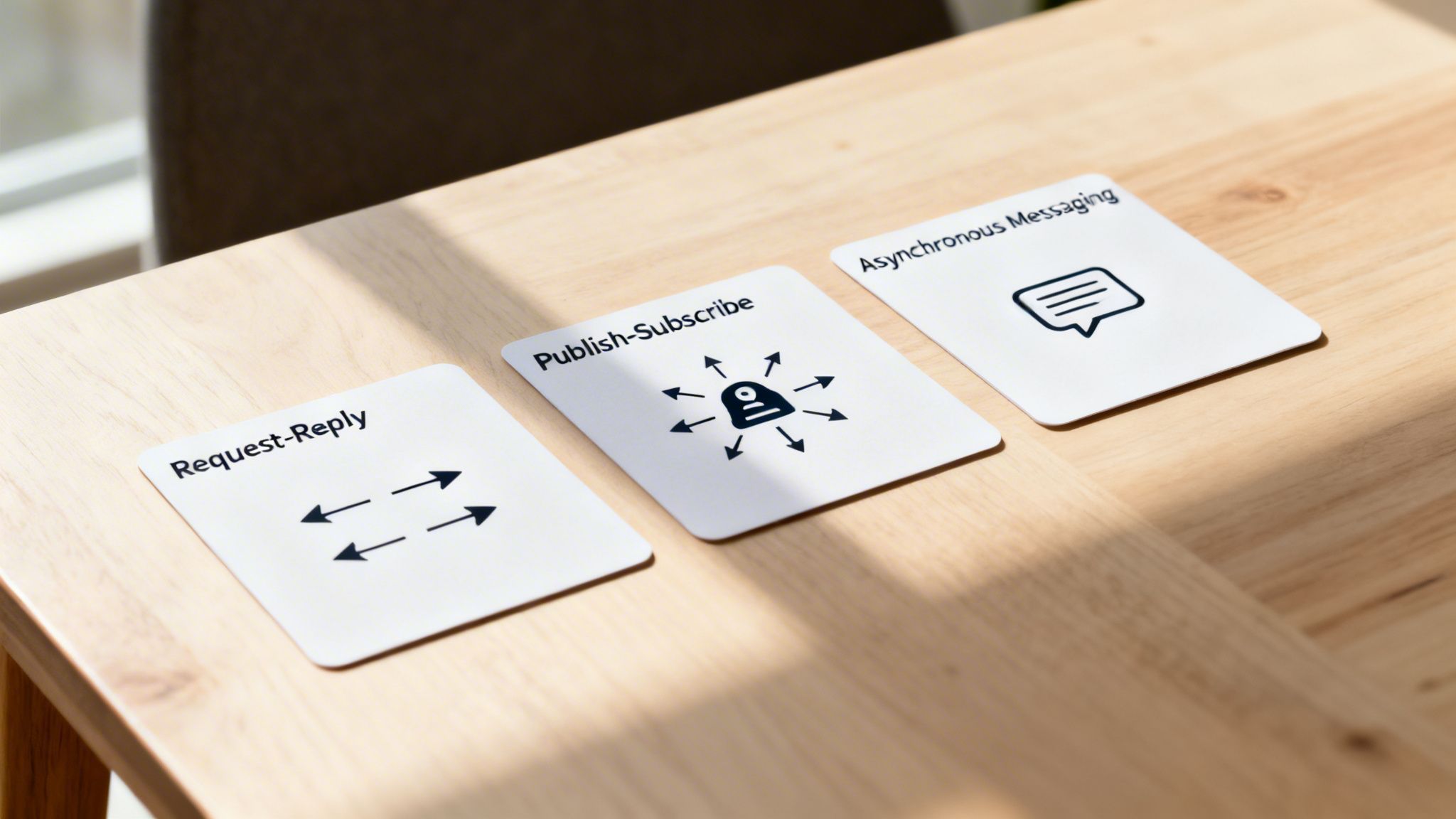 Three cards display Request-Reply, Publish-Subscribe, and Asynchronous Messaging patterns on a wooden table.