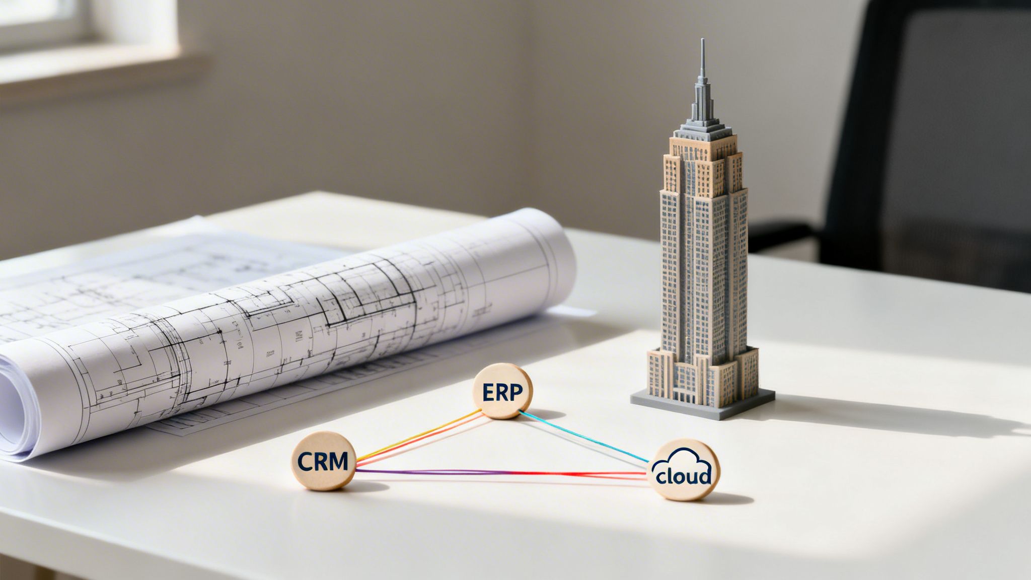 Architectural blueprints, Empire State Building model, and CRM, ERP, cloud integration on a white desk.