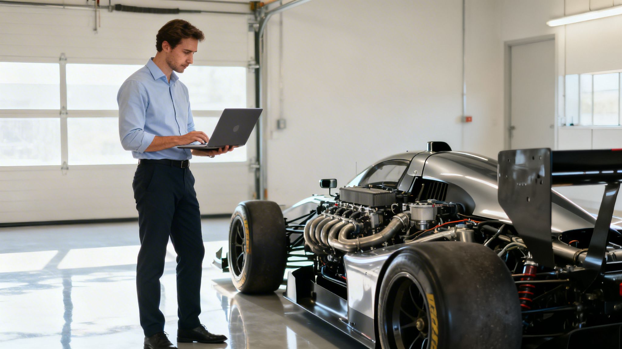 A male engineer with a laptop inspects a high-performance race car in a spacious garage.