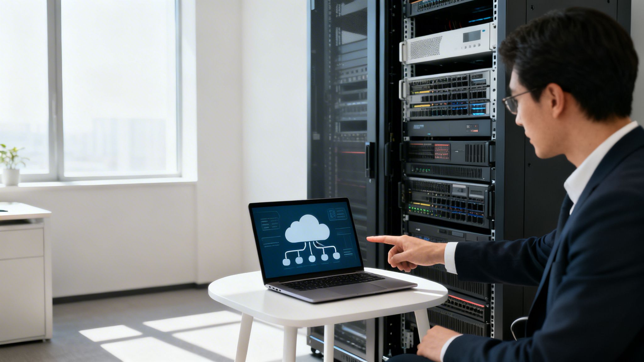 IT consultant in server room pointing at laptop displaying a cloud computing diagram.