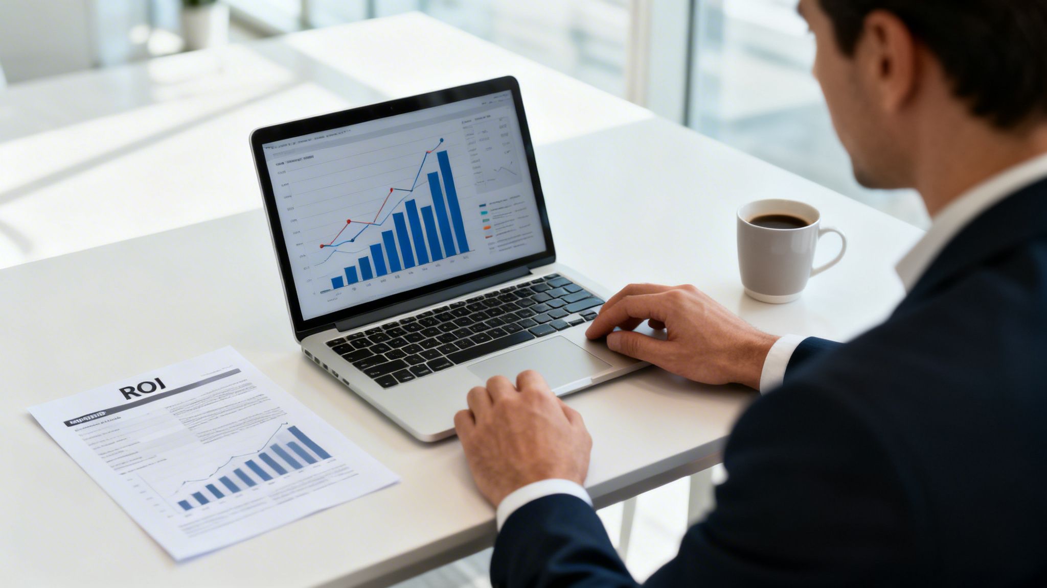 A businessman analyzing financial data and charts on a laptop, with a ROI report and coffee.