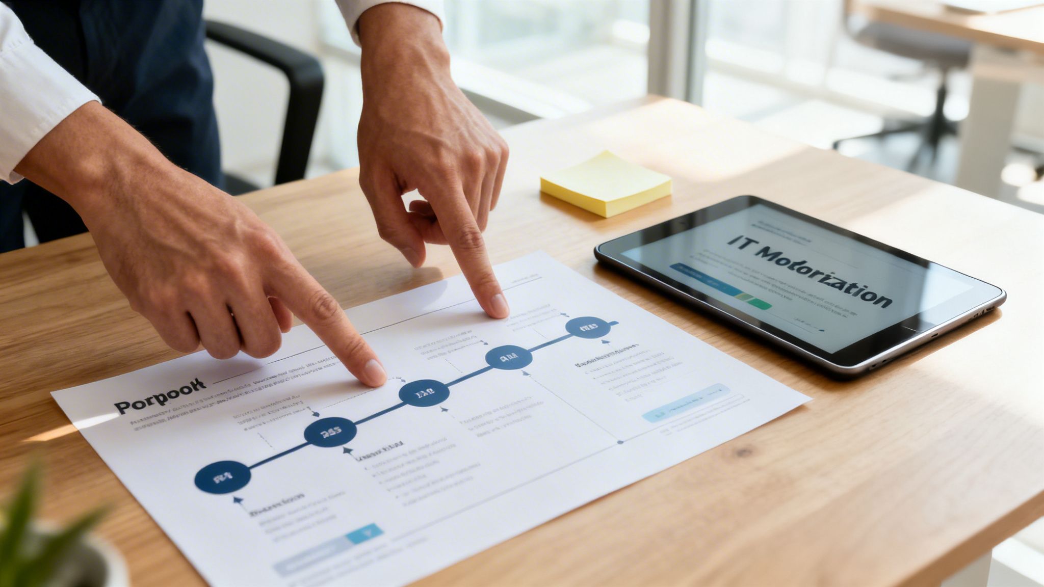 Hands pointing at a business document with a timeline on a wooden desk, next to a tablet.