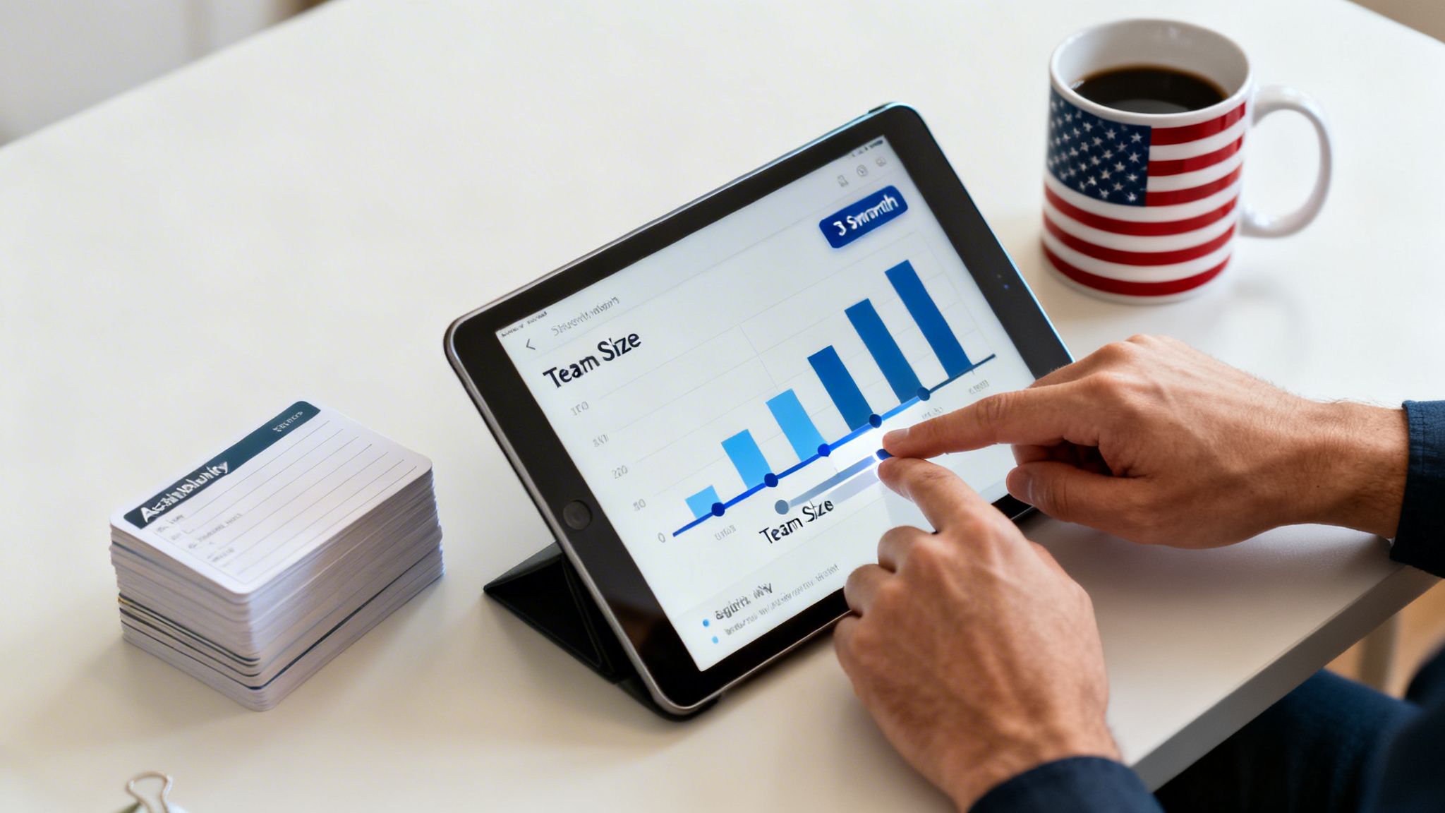 A person's hands interact with a tablet displaying team size growth data, next to an American flag mug.