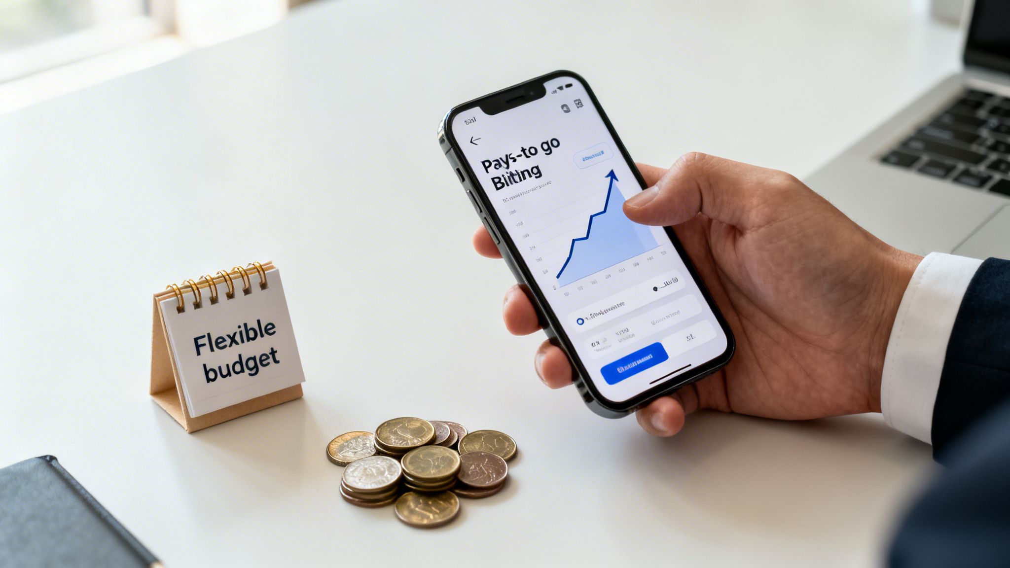 Hand holding a smartphone showing an upward billing chart, next to a 'Flexible budget' calendar and coins.