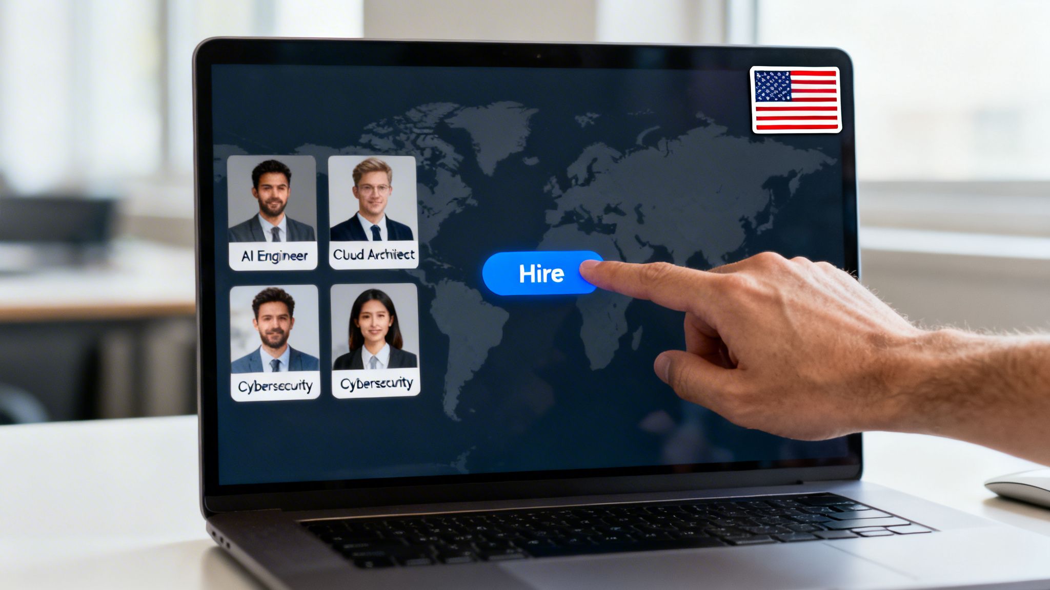 A hand points to a 'Hire' button on a laptop screen displaying diverse IT professionals and a world map, indicating global IT outsourcing.