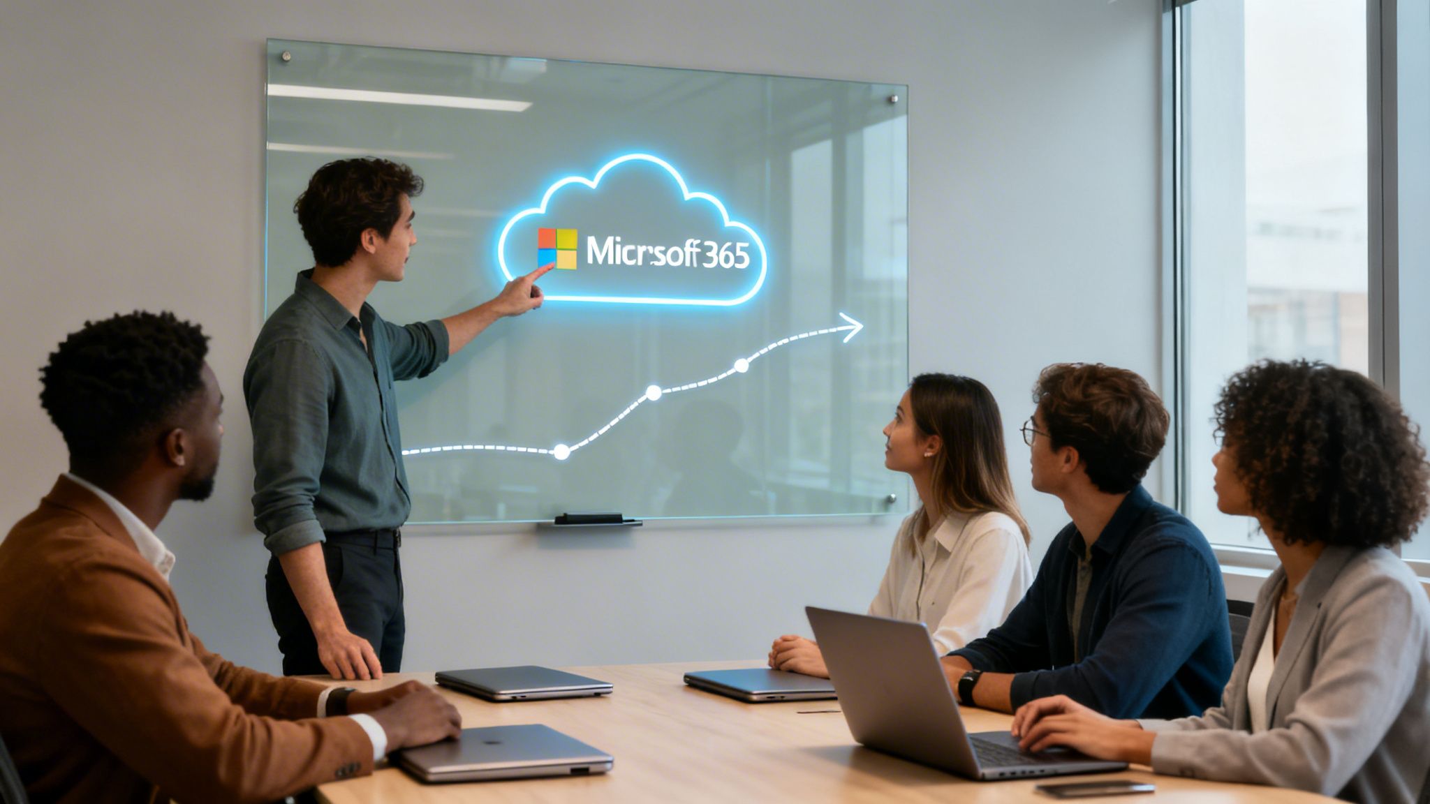 A man presents Microsoft 365 cloud services with a glowing graph on a whiteboard to a diverse team.