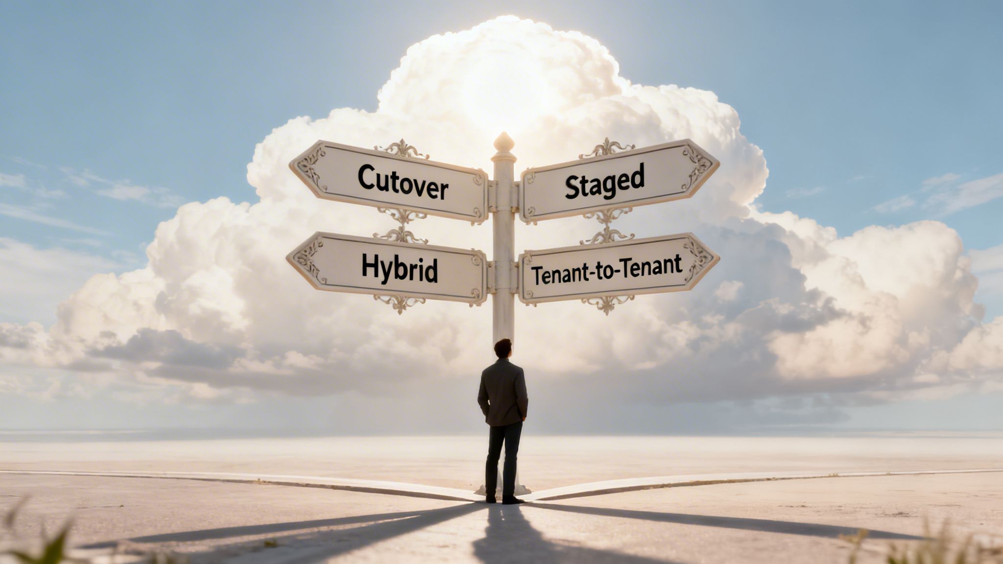 A person at a crossroads choosing between Cutover, Staged, Hybrid, and Tenant-to-Tenant migration options.